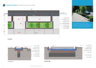 DESENHO TÉCNICO: JARDIM DE CHUVA NA CALÇADA

As setas tracejadas em azul (desenho ao lado)
representam o fluxo das águas pluviais pela estrutura.
A figura acima ilustra um jardim de chuva construído de
acordo com o desenho técnico apresentado ao lado.

6

PROJETO TÉCNICO: JARDINS DE CHUVA

 