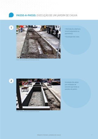 PASSO-A-PASSO: EXECUÇÃO DE UM JARDIM DE CHUVA

1

• Retirada da cobertura
inicial (calçamento ou
pavimento);
• Escavação das valas.

Fonte: Portland Bureau of Enviroment Services

2

Instalação das peças
pré-moldadas de
concreto que farão as
paredes do jardim.

Fonte: Portland Bureau of Enviroment Services

PROJETO TÉCNICO: JARDINS DE CHUVA

7

 
