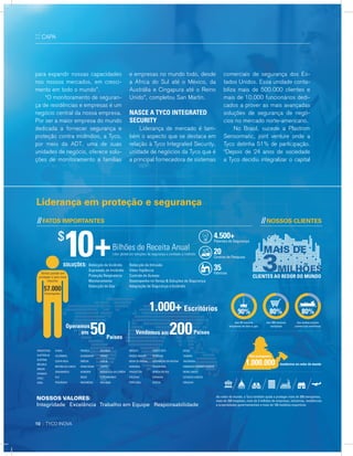 para expandir nossas capacidades
nos nossos mercados, em cresci-
mento em todo o mundo”.
“O monitoramento de seguran-
ça de residências e empresas é um
negócio central da nossa empresa.
Por ser a maior empresa do mundo
dedicada a fornecer segurança e
proteção contra incêndios, a Tyco,
por meio da ADT, uma de suas
unidades de negócio, oferece solu-
ções de monitoramento a famílias
e empresas no mundo todo, desde
a África do Sul até o México, da
Austrália e Cingapura até o Reino
Unido”, completou San Martin.
naSce a Tyco inTegraTed
SecuriTy
Liderança de mercado é tam-
bém o aspecto que se destaca em
relação à Tyco Integrated Security,
unidade de negócios da Tyco que é
a principal fornecedora de sistemas
comerciais de segurança dos Es-
tados Unidos. Essa unidade conta-
biliza mais de 500.000 clientes e
mais de 10.000 funcionários dedi-
cados a prover as mais avançadas
soluções de segurança de negó-
cios no mercado norte-americano.
No Brasil, sucede a Plastrom
Sensormatic, joint venture onde a
Tyco detinha 51% de participação.
“Depois de 24 anos de sociedade
a Tyco decidiu integralizar o capital
10 :: TYCO INOVA
:: CAPA
 