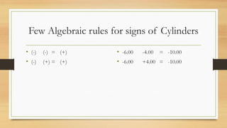 Few Algebraic rules for signs of Cylinders
• (-) (-) = (+)
• (-) (+) = (+)
• -6.00 -4.00 = -10.00
• -6.00 +4.00 = -10.00
 