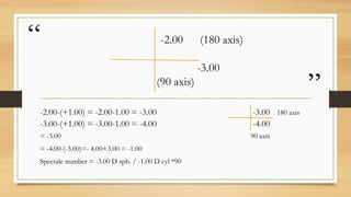 “
”
-2.00 (180 axis)
-3.00
(90 axis)
-2.00-(+1.00) = -2.00-1.00 = -3.00 -3.00 180 axis
-3.00-(+1.00) = -3.00-1.00 = -4.00 -4.00
= -3.00 90 axis
= -4.00-(-3.00)=- 4.00+3.00 = -1.00
Spectale number = -3.00 D sph. / -1.00 D cyl *90
 
