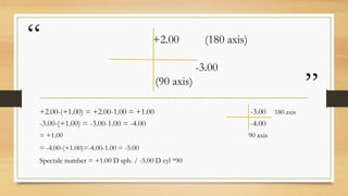 “
”
+2.00 (180 axis)
-3.00
(90 axis)
+2.00-(+1.00) = +2.00-1.00 = +1.00 -3.00 180 axis
-3.00-(+1.00) = -3.00-1.00 = -4.00 -4.00
= +1.00 90 axis
= -4.00-(+1.00)=-4.00-1.00 = -5.00
Spectale number = +1.00 D sph. / -5.00 D cyl *90
 