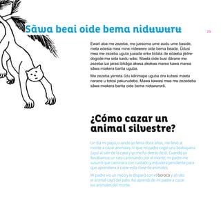 29Sãwa beai oide bema niduwuru
Ewari aba mu zezeba, mu juesoma ume audu ume baside,
muta edesia mea mine niduwuru oide bema beade. Ũdusi
mua mu zezeba uguta juwade erku bidata de edauba jῦdru
dogode mu sida kaidu wãsi. Mauta oide busi dãrane mu
zezeba iza jarasi bikãga akusa akukua marea kawa marea
sãwa miakera barita uguba.
Mu zezeba yerreta ῦdu kãrimape uguba dru kubusi mauta
narane u totosi pakurudeba. Mawa kawasi mua mu zezedeba
sãwa miakera barita oide bema niduwururã.
Un día mi papá, cuando yo tenía doce años, me llevó al
monte a cazar animales. Vi que mi padre cogió una bodoquera
(ugu) al salir de la casa y yo me fui detrás de él. Cuando ya
llevábamos un rato caminando por el monte, mi padre me
susurró que caminara con cuidado y estuviera pendiente para
que aprendiera a cazar esta clase de animales.
Mi padre vio un mico y le disparó con el boroco y al rato
el animal cayó del palo. Así aprendí de mi padre a cazar
los animales del monte.
¿Cómo cazar un
animal silvestre?
 