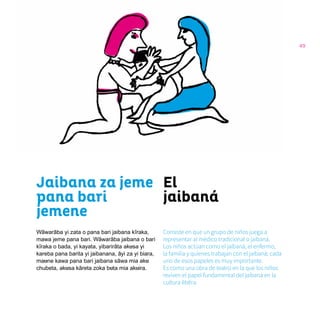 49
El
jaibaná
Jaibana za jeme
pana bari
jemene
Wãwarãba yi zata o pana bari jaibana kĩraka,
mawa jeme pana bari. Wãwarãba jaibana o bari
kĩraka o bada, yi kayata, yibarirãta akusa yi
kareba pana barita yi jaibanana, ãyi za yi biara,
maune kawa pana bari jaibana sãwa mia aku
chubeta, akusa kãreta zoka buta mia akuira.
Consiste en que un grupo de niños juega a
representar al médico tradicional o jaibaná.
Los niños actúan como el jaibaná, el enfermo,
la familia y quienes trabajan con el jaibaná; cada
uno de esos papeles es muy importante.
Es como una obra de teatro en la que los niños
reviven el papel fundamental del jaibaná en la
cultura ẽbẽra.
 