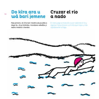 50
Cruzar el río
a nado
Do kĩra ara u
wã bari jemene
Nau jemene, do kĩra bari mesẽra akusa jẽda a
dege ita. Jiruyi kũdraba, moneburu wãwãba yi
audre mesẽra o buruba.
En este juego se trata de cruzar nadando el río y
regresar. Gana el joven o el niño que mejor y más
rápidamente lo haga.
 