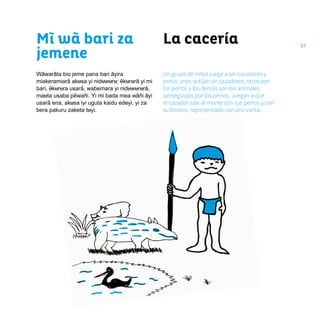 51
Mĩ wã bari za
jemene
Wãwarãta bio jeme pana bari ãyira
miakeramiarã akusa yi niduwuru: ῦkururã yi mi
bari, ῦkurura usarã, wabemara yi niduwururã,
mauta usaba pẽwañi. Yi mi bada mea wãñi ãyi
usarã ena, akusa iyi uguta kaidu edeyi, yi za
bera pakuru zaketa tuyi.
La cacería
Un grupo de niños juega a ser cazadores y
presa: unos actúan de cazadores, otros son
los perros y los demás son los animales
perseguidos por los perros. Juegan a que
el cazador sale al monte con sus perros y con
su boroco, representado con una varita.
 
