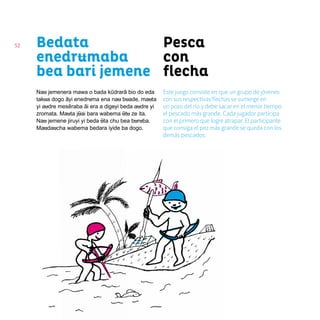 52 Pesca
con
flecha
Bedata
enedrumaba
bea bari jemene
Nau jemenera mawa o bada kũdrarã bio do eda
takua dogo ãyi enedruma ena nau buade, mauta
yi audre mesẽraba ãi era a digeyi beda audre yi
zromata. Mauta jũai bara wabema ũtu ze ita.
Nau jemene jiruyi yi beda ũta chu bea buruba.
Maudaucha wabema bedara iyide ba dogo.
Este juego consiste en que un grupo de jóvenes
con sus respectivas flechas se sumerge en
un pozo del río y debe sacar en el menor tiempo
el pescado más grande. Cada jugador participa
con el primero que logre atrapar. El participante
que consiga el pez más grande se queda con los
demás pescados.
 