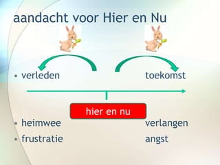 aandacht voor Hier en Nu
• verleden toekomst
• heimwee verlangen
• frustratie angst
hier en nu
 