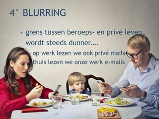 4° BLURRING
• grens tussen beroeps- en privé leven
wordt steeds dunner….
− op werk lezen we ook privé mails
− thuis lezen we onze werk e-mails
 