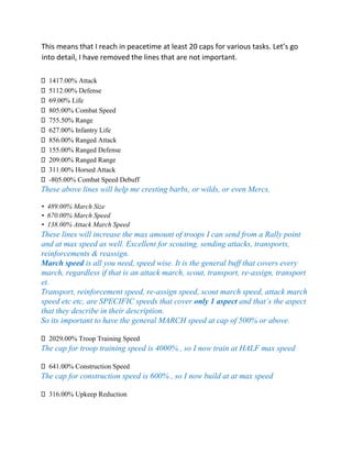 This means that I reach in peacetime at least 20 caps for various tasks. Let’s go
into detail, I have removed the lines that are not important.
1417.00% Attack
5112.00% Defense
69.00% Life
805.00% Combat Speed
755.50% Range
627.00% Infantry Life
856.00% Ranged Attack
155.00% Ranged Defense
209.00% Ranged Range
311.00% Horsed Attack
-805.00% Combat Speed Debuff
These above lines will help me cresting barbs, or wilds, or even Mercs.
• 489.00% March Size
• 670.00% March Speed
• 138.00% Attack March Speed
These lines will increase the max amount of troops I can send from a Rally point
and at max speed as well. Excellent for scouting, sending attacks, transports,
reinforcements & reassign.
March speed is all you need, speed wise. It is the general buff that covers every
march, regardless if that is an attack march, scout, transport, re-assign, transport
et.
Transport, reinforcement speed, re-assign speed, scout march speed, attack march
speed etc etc, are SPECIFIC speeds that cover only 1 aspect and that’s the aspect
that they describe in their description.
So its important to have the general MARCH speed at cap of 500% or above.
2029.00% Troop Training Speed
The cap for troop training speed is 4000% , so I now train at HALF max speed
641.00% Construction Speed
The cap for construction speed is 600% , so I now build at at max speed
316.00% Upkeep Reduction
 