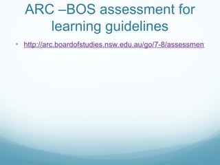 ARC –BOS assessment for learning guidelines http://arc.boardofstudies.nsw.edu.au/go/7-8/assessment-for-learning-in-years-7-10/#The-principles-of-assessment-for-learning 