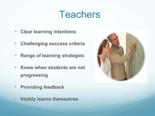Teachers Clear learning intentions Challenging success criteria Range of learning strategies Know when students are not progressing Providing feedback Visibly learns themselves 