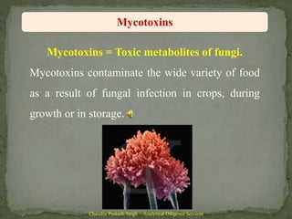 Mycotoxins = Toxic metabolites of fungi.
Mycotoxins contaminate the wide variety of food
as a result of fungal infection in crops, during
growth or in storage.
Mycotoxins
Chandra Prakash Singh - Analytical Diligence Services
 