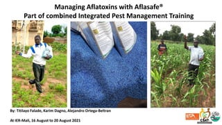 Managing Aflatoxins with Aflasafe®
Part of combined Integrated Pest Management Training
By: Titilayo Falade, Karim Dagno, Alejandro Ortega-Beltran
At IER-Mali, 16 August to 20 August 2021
 
