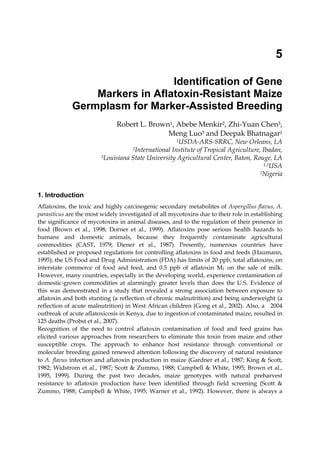 5 
Identification of Gene 
Markers in Aflatoxin-Resistant Maize 
Germplasm for Marker-Assisted Breeding 
Robert L. Brown1, Abebe Menkir2, Zhi-Yuan Chen3, 
Meng Luo3 and Deepak Bhatnagar1 
1USDA-ARS-SRRC, New Orleans, LA 
2International Institute of Tropical Agriculture, Ibadan, 
3Louisiana State University Agricultural Center, Baton, Rouge, LA 
1,3USA 
2Nigeria 
1. Introduction 
Aflatoxins, the toxic and highly carcinogenic secondary metabolites of Aspergillus flavus, A. 
parasiticus are the most widely investigated of all mycotoxins due to their role in establishing 
the significance of mycotoxins in animal diseases, and to the regulation of their presence in 
food (Brown et al., 1998; Dorner et al., 1999). Aflatoxins pose serious health hazards to 
humans and domestic animals, because they frequently contaminate agricultural 
commodities (CAST, 1979; Diener et al., 1987). Presently, numerous countries have 
established or proposed regulations for controlling aflatoxins in food and feeds (Haumann, 
1995); the US Food and Drug Administration (FDA) has limits of 20 ppb, total aflatoxins, on 
interstate commerce of food and feed, and 0.5 ppb of aflatoxin M1 on the sale of milk. 
However, many countries, especially in the developing world, experience contamination of 
domestic-grown commodities at alarmingly greater levels than does the U.S. Evidence of 
this was demonstrated in a study that revealed a strong association between exposure to 
aflatoxin and both stunting (a reflection of chronic malnutrition) and being underweight (a 
reflection of acute malnutrition) in West African children (Gong et al., 2002). Also, a 2004 
outbreak of acute aflatoxicosis in Kenya, due to ingestion of contaminated maize, resulted in 
125 deaths (Probst et al., 2007). 
Recognition of the need to control aflatoxin contamination of food and feed grains has 
elicited various approaches from researchers to eliminate this toxin from maize and other 
susceptible crops. The approach to enhance host resistance through conventional or 
molecular breeding gained renewed attention following the discovery of natural resistance 
to A. flavus infection and aflatoxin production in maize (Gardner et al., 1987; King & Scott, 
1982; Widstrom et al., 1987; Scott & Zummo, 1988; Campbell & White, 1995; Brown et al., 
1995, 1999). During the past two decades, maize genotypes with natural preharvest 
resistance to aflatoxin production have been identified through field screening (Scott & 
Zummo, 1988; Campbell & White, 1995; Warner et al., 1992). However, there is always a 
 