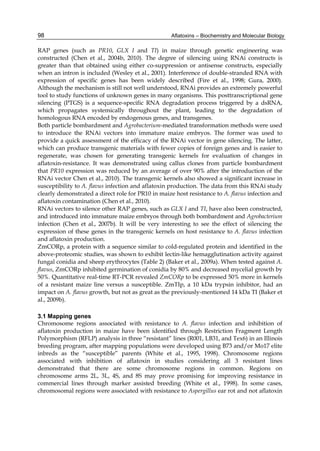 98 
RAP genes (such as PR10, GLX I and TI) in maize through genetic engineering was 
constructed (Chen et al., 2004b, 2010). The degree of silencing using RNAi constructs is 
greater than that obtained using either co-suppression or antisense constructs, especially 
when an intron is included (Wesley et al., 2001). Interference of double-stranded RNA with 
expression of specific genes has been widely described (Fire et al., 1998; Gura, 2000). 
Although the mechanism is still not well understood, RNAi provides an extremely powerful 
tool to study functions of unknown genes in many organisms. This posttranscriptional gene 
silencing (PTGS) is a sequence-specific RNA degradation process triggered by a dsRNA, 
which propagates systemically throughout the plant, leading to the degradation of 
homologous RNA encoded by endogenous genes, and transgenes. 
Both particle bombardment and Agrobacterium-mediated transformation methods were used 
to introduce the RNAi vectors into immature maize embryos. The former was used to 
provide a quick assessment of the efficacy of the RNAi vector in gene silencing. The latter, 
which can produce transgenic materials with fewer copies of foreign genes and is easier to 
regenerate, was chosen for generating transgenic kernels for evaluation of changes in 
aflatoxin-resistance. It was demonstrated using callus clones from particle bombardment 
that PR10 expression was reduced by an average of over 90% after the introduction of the 
RNAi vector Chen et al., 2010). The transgenic kernels also showed a significant increase in 
susceptibility to A. flavus infection and aflatoxin production. The data from this RNAi study 
clearly demonstrated a direct role for PR10 in maize host resistance to A. flavus infection and 
aflatoxin contamination (Chen et al., 2010). 
RNAi vectors to silence other RAP genes, such as GLX I and TI, have also been constructed, 
and introduced into immature maize embryos through both bombardment and Agrobacterium 
infection (Chen et al., 2007b). It will be very interesting to see the effect of silencing the 
expression of these genes in the transgenic kernels on host resistance to A. flavus infection 
and aflatoxin production. 
ZmCORp, a protein with a sequence similar to cold-regulated protein and identified in the 
above-proteomic studies, was shown to exhibit lectin-like hemagglutination activity against 
fungal conidia and sheep erythrocytes (Table 2) (Baker et al., 2009a). When tested against A. 
flavus, ZmCORp inhibited germination of conidia by 80% and decreased mycelial growth by 
50%. Quantitative real-time RT-PCR revealed ZmCORp to be expressed 50% more in kernels 
of a resistant maize line versus a susceptible. ZmTIp, a 10 kDa trypsin inhibitor, had an 
impact on A. flavus growth, but not as great as the previously-mentioned 14 kDa TI (Baker et 
al., 2009b). 
Aflatoxins – Biochemistry and Molecular Biology 
3.1 Mapping genes 
Chromosome regions associated with resistance to A. flavus infection and inhibition of 
aflatoxin production in maize have been identified through Restriction Fragment Length 
Polymorphism (RFLP) analysis in three “resistant” lines (R001, LB31, and Tex6) in an Illinois 
breeding program, after mapping populations were developed using B73 and/or Mo17 elite 
inbreds as the “susceptible” parents (White et al., 1995, 1998). Chromosome regions 
associated with inhibition of aflatoxin in studies considering all 3 resistant lines 
demonstrated that there are some chromosome regions in common. Regions on 
chromosome arms 2L, 3L, 4S, and 8S may prove promising for improving resistance in 
commercial lines through marker assisted breeding (White et al., 1998). In some cases, 
chromosomal regions were associated with resistance to Aspergillus ear rot and not aflatoxin 
 