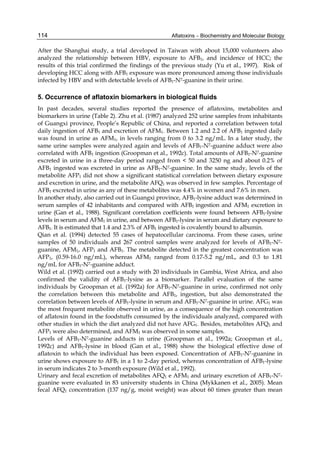 114 
After the Shanghai study, a trial developed in Taiwan with about 15,000 volunteers also 
analyzed the relationship between HBV, exposure to AFB1, and incidence of HCC; the 
results of this trial confirmed the findings of the previous study (Yu et al., 1997). Risk of 
developing HCC along with AFB1 exposure was more pronounced among those individuals 
infected by HBV and with detectable levels of AFB1-N7-guanine in their urine. 
5. Occurrence of aflatoxin biomarkers in biological fluids 
In past decades, several studies reported the presence of aflatoxins, metabolites and 
biomarkers in urine (Table 2). Zhu et al. (1987) analyzed 252 urine samples from inhabitants 
of Guangxi province, People’s Republic of China, and reported a correlation between total 
daily ingestion of AFB1 and excretion of AFM1. Between 1.2 and 2.2 of AFB1 ingested daily 
was found in urine as AFM1, in levels ranging from 0 to 3.2 ng/mL. In a later study, the 
same urine samples were analyzed again and levels of AFB1-N7-guanine adduct were also 
correlated with AFB1 ingestion (Groopman et al., 1992c). Total amounts of AFB1-N7-guanine 
excreted in urine in a three-day period ranged from < 50 and 3250 ng and about 0.2% of 
AFB1 ingested was excreted in urine as AFB1-N7-guanine. In the same study, levels of the 
metabolite AFP1 did not show a significant statistical correlation between dietary exposure 
and excretion in urine, and the metabolite AFQ1 was observed in few samples. Percentage of 
AFB1 excreted in urine as any of these metabolites was 4.4% in women and 7.6% in men. 
In another study, also carried out in Guangxi province, AFB1-lysine adduct was determined in 
serum samples of 42 inhabitants and compared with AFB1 ingestion and AFM1 excretion in 
urine (Gan et al., 1988). Significant correlation coefficients were found between AFB1-lysine 
levels in serum and AFM1 in urine, and between AFB1-lysine in serum and dietary exposure to 
AFB1. It is estimated that 1.4 and 2.3% of AFB1 ingested is covalently bound to albumin. 
Qian et al. (1994) detected 55 cases of hepatocellular carcinoma. From these cases, urine 
samples of 50 individuals and 267 control samples were analyzed for levels of AFB1-N7- 
guanine, AFM1, AFP1 and AFB1. The metabolite detected in the greatest concentration was 
AFP1, (0.59-16.0 ng/mL), whereas AFM1 ranged from 0.17-5.2 ng/mL, and 0.3 to 1.81 
ng/mL for AFB1-N7-guanine adduct. 
Wild et al. (1992) carried out a study with 20 individuals in Gambia, West Africa, and also 
confirmed the validity of AFB1-lysine as a biomarker. Parallel evaluation of the same 
individuals by Groopman et al. (1992a) for AFB1-N7-guanine in urine, confirmed not only 
the correlation between this metabolite and AFB1, ingestion, but also demonstrated the 
correlation between levels of AFB1-lysine in serum and AFB1-N7-guanine in urine. AFG1 was 
the most frequent metabolite observed in urine, as a consequence of the high concentration 
of aflatoxin found in the foodstuffs consumed by the individuals analyzed, compared with 
other studies in which the diet analyzed did not have AFG1. Besides, metabolites AFQ1 and 
AFP1 were also determined, and AFM1 was observed in some samples. 
Levels of AFB1-N7-guanine adducts in urine (Groopman et al., 1992a; Groopman et al., 
1992c) and AFB1-lysine in blood (Gan et al., 1988) show the biological effective dose of 
aflatoxin to which the individual has been exposed. Concentration of AFB1-N7-guanine in 
urine shows exposure to AFB1 in a 1 to 2-day period, whereas concentration of AFB1-lysine 
in serum indicates 2 to 3-month exposure (Wild et al., 1992). 
Urinary and fecal excretion of metabolites AFQ1 e AFM1 and urinary excretion of AFB1-N7- 
guanine were evaluated in 83 university students in China (Mykkanen et al., 2005). Mean 
fecal AFQ1 concentration (137 ng/g, moist weight) was about 60 times greater than mean 
Aflatoxins – Biochemistry and Molecular Biology 
 