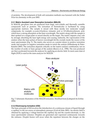 136 
of proteins. The development of both soft ionization methods was honored with the Nobel 
Prize for chemistry in the year 2002. 
Aflatoxins – Biochemistry and Molecular Biology 
2.3.1 Matrix Assisted Laser Desorption Ionization (MALDI) 
In MALDI, gas-phase ions are produced from large, non-volatile and thermally unstable 
compounds such as proteins. The ionization of biomolecules is facilitated by using 
appropriate matrices. The sample is mixed with these mostly low molecular weight 
compounds, for example α-cyano-4-hydroxy cinnamic acid or 2,5-dihydoxybenzoic acid, 
which have a strong absorption at the laser wavelength. The matrix along with the sample is 
then spotted on a target plate or mixed directly on the target. The matrix imparts a key role 
by strongly absorbing the laser light energy and causing, indirectly, the vaporization of the 
analyte when the laser pulses of known wavelength hit the crystals inside the source of the 
mass spectrometer (Fig. 7). The matrix also serves as a proton donor in positive ionization 
mode and receptor in negative ionization mode to ionize the analyte (Hillenkamp & Peter- 
Katalini 2007). The ionization depends critically on the matrix–analyte combination, not on 
the number of acidic or basic groups of the analyte (Beavis et al., 1990). The ions produced 
are then accelerated towards the analyzer by applying an electric field. In most cases time of 
flight (TOF) is used as the mass analyzer for MALDI. 
Fig. 7. Schematic illustration of the MALDI ionization. Modified from (Lottspeich & Zorbas 
2006) 
2.3.2 Electrospray Ionization (ESI) 
The basic principle of ESI involves the introduction of a continuous stream of liquid through 
a capillary to the ion source at atmospheric pressure (Cech & Enke 2001). An electric field is 
obtained by applying a voltage between the capillary tip and the counter-electrode, i.e. the 
mass spectrometer entrance. Droplets are generated and vaporized continuously towards 
the entrance. Droplet fission will occur when the repulsion between the charges on the 
 