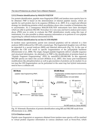 The Use of Proteomics as a Novel Tool in Aflatoxin Research 
139 
2.3.3.2 Protein identification by MALDI-TOF/TOF 
For protein identification, peptide mass fingerprint (PMF) and tandem mass spectra have to 
be obtained. PMF is based on the determination of internal peptide masses, which are 
specific for each protein due to its sequence (Wilkins et al., 2007). It is a rapid and efficient 
strategy for identifying proteins which nevertheless shows also a number of limitations due 
to uncertainties. As a consequence MALDI-TOF/TOF instruments have been developed 
which are able to perform MS/MS. Nowadays it is very easy and fast to analyze post source 
decay (PSD) ions in order to evaluate the PMF identification results using this type of 
instruments. It is also possible to obtain sequence information or to perform de novo peptide 
sequencing by collision-induced dissociation (CID). 
2.3.3.3 Protein identification by on line LC-ESI-MS/MS 
In tandem mass spectrometry parent ions (ionized peptides) will be selected in a first 
analyzer (MS1) followed by CID with a neutral gas. The fragmented daughter ions will then 
be separated in a second analyzer (MS2) and detected afterwards (Fig. 11). In the case of 
peptides the CID will result in specific fragmentation of the polypeptide backbone 
(Westermeier et al., 2008). The singly charged peptide fragments deliver valuable sequence 
and structural information. An alternative to PMF is the identification of proteins based on 
“Peptide Fragment Fingerprinting” (PFF) by nanoHPLC-ESI-MS/MS. In this approach 
MS/MS spectra are taken into account (Wilkins et al., 2007). Also many post translational 
modifications like phosphorylation as well as glycosylation of proteins can be studied. In an 
ion trap the CID fragmentation can be performed in the same trap but hybrid instruments 
need to have a collision cell. 
Fig. 10. Schematic illustration of protein identification using MS and MS/MS mode from 
(Westermeier et al., 2008). 
2.3.3.4 Database search 
Peptide mass fingerprint or sequences obtained from tandem mass spectra will be matched 
to virtual protein sequence information in various databases such as Swiss-Prot, which 
 