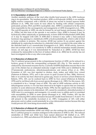 Biotransformation of Aflatoxin B1 and Its Relationship 
with the Differential Toxicological Response to Aflatoxin in Commercial Poultry Species 
7 
2.1.3 Epoxidation of aflatoxin B1 
Another metabolic pathway of the vinyl ether double bond present in the AFB1 furofuran 
ring is its epoxidation. The resultant product, AFB1-exo-8,9-epoxide (AFBO), is an unstable, 
highly reactive compound, with a half-life of about one second in neutral aqueous buffer 
(Johnson et al., 1996), that exerts its toxic effects by binding with cellular components, 
particularly protein, DNA and RNA nucleophilic sites. AFBO is considered to be the active 
form responsible for the carcinogenicity and mutagenicity of AFB1 (Guengerich et al., 1998). 
The endo-8,9-epoxide of AFB1 can also be formed by rat and human microsomes (Raney et 
al., 1992a), but this form of the epoxide is not reactive. Once AFBO is formed it may be 
hydrolyzed, either catalytically or spontaneously, to form AFB1-8,9-dihydrodiol (AFB1-dhd) 
or it may be trapped with GSH. If AFB1-dhd is formed it may suffer a base-catalyzed 
furofuran ring opening to a dialdehyde (AFB1 α-hydroxydialdehyde), which is able to bind 
to lysine residues in proteins. The enzyme AFAR (see section 2) can protect against the 
dialdehyde by catalyzing its reduction to a dialcohol which is excreted in the urine either as 
the dialcohol itself or as a monoalcohol (Guengerich et al., 2001). AFAR activity, however, 
does not correlate with in vivo sensitivity to AFB1 in selected mammalian models (hamster, 
mouse, rat and pig) as it was demonstrated by Tulayakul et al. (2005). AFAR has been 
evidenced by immunoblot in the liver of turkeys (Klein et al., 2002) but its activity has not 
been investigated in this or any other avian species. 
2.1.4 Reduction of aflatoxin B1 
The C1 carbonyl group present in the cyclopentanone function of AFB1 can be reduced to a 
hydroxy group to form the corresponding cyclopentol AFL (Fig. 1). This reaction is not 
catalyzed by microsomal enzymes but by a cytosolic NADPH-dependent enzyme that in the 
case of the chicken has an estimated molecular weight of 46.5 KDa and is inhibited by the 
17-ketosteroids androsterone, dehydroisoandrosterone and estrone (Chen et al., 1981). 
Formation of AFL was first reported in chicken, duck, turkey and rabbit liver cytosol 
(Patterson & Roberts, 1971), and it also occurs in quail (Lozano & Diaz, 2006). However, 
little or no activity has been observed in guinea pig, mouse or rat liver cytosol (Patterson & 
Roberts, 1971). AFL can be oxidized back to AFB1 by liver cytosol (Patterson & Roberts, 
1972) and by red blood cells from several species (Kumagai et al., 1983). For this reason, AFL 
is considered to be a "storage" form of AFB1. The ratio of AFB1 reductase activity to AFL 
dehydrogenase activity in vitro has been observed to be higher in species that are extremely 
sensitive to acute aflatoxicosis (Wong & Hsieh, 1978), but the significance of this finding in 
poultry species remains to be determined. AFL cannot be considered a detoxified product of 
AFB1 since it is carcinogenic and mutagenic, it is acutely toxic to rabbits and it is correlated 
with susceptibility to AFB1 in some species (Kumagai et al., 1983). Further, AFL has the 
ability of inducing DNA adduct formation because the double bond between C–8 and C–9 is 
still present in this metabolite (Loveland et al., 1987). Conjugation of AFL with either 
glucuronic acid or sulfate would potentially be a true detoxication reaction because this step 
would prevent AFL from being reconverted to AFB1. 
2.1.5 Reduction of aflatoxin B1 metabolites 
The hydroxylated metabolites AFM1 and AFQ1 can also undergo the cytosolic reduction of 
the C1 carbonyl group in a reaction analogous to the reduction of AFB1 to AFL. The reduced 
metabolites of AFM1 and AFQ1 have been named aflatoxicol M1 (Salhab et al., 1977; 
Loveland et al., 1983) and aflatoxicol H1 (Salhab & Hsieh, 1975), respectively. Aflatoxicol H1 
 