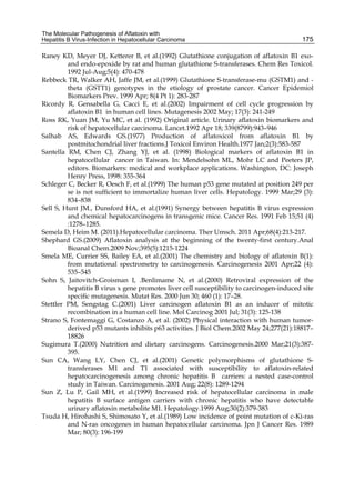 The Molecular Pathogenesis of Aflatoxin with 
Hepatitis B Virus-Infection in Hepatocellular Carcinoma 
175 
Raney KD, Meyer DJ, Ketterer B, et al.(1992) Glutathione conjugation of aflatoxin B1 exo-and 
endo-epoxide by rat and human glutathione S-transferases. Chem Res Toxicol. 
1992 Jul-Aug;5(4): 470-478 
Rebbeck TR, Walker AH, Jaffe JM, et al.(1999) Glutathione S-transferase-mu (GSTM1) and - 
theta (GSTT1) genotypes in the etiology of prostate cancer. Cancer Epidemiol 
Biomarkers Prev. 1999 Apr; 8(4 Pt 1): 283-287 
Ricordy R, Gensabella G, Cacci E, et al.(2002) Impairment of cell cycle progression by 
aflatoxin B1 in human cell lines. Mutagenesis 2002 May; 17(3): 241-249 
Ross RK, Yuan JM, Yu MC, et al. (1992) Original article. Urinary aflatoxin biomarkers and 
risk of hepatocellular carcinoma. Lancet.1992 Apr 18; 339(8799):943–946 
Salhab AS, Edwards GS.(1977) Production of aflatoxicol from aflatoxin B1 by 
postmitochondrial liver fractions.J Toxicol Environ Health.1977 Jan;2(3):583-587 
Santella RM, Chen CJ, Zhang YJ, et al. (1998) Biological markers of aflatoxin B1 in 
hepatocellular cancer in Taiwan. In: Mendelsohn ML, Mohr LC and Peeters JP, 
editors. Biomarkers: medical and workplace applications. Washington, DC: Joseph 
Henry Press, 1998: 355-364 
Schleger C, Becker R, Oesch F, et al.(1999) The human p53 gene mutated at position 249 per 
se is not sufficient to immortalize human liver cells. Hepatology. 1999 Mar;29 (3): 
834–838 
Sell S, Hunt JM., Dunsford HA, et al.(1991) Synergy between hepatitis B virus expression 
and chemical hepatocarcinogens in transgenic mice. Cancer Res. 1991 Feb 15;51 (4) 
:1278–1285. 
Semela D, Heim M. (2011).Hepatocellular carcinoma. Ther Umsch. 2011 Apr;68(4):213-217. 
Shephard GS.(2009) Aflatoxin analysis at the beginning of the twenty-first century.Anal 
Bioanal Chem.2009 Nov;395(5):1215-1224 
Smela ME, Currier SS, Bailey EA, et al.(2001) The chemistry and biology of aflatoxin B(1): 
from mutational spectrometry to carcinogenesis. Carcinogenesis 2001 Apr;22 (4): 
535–545 
Sohn S, Jaitovitch-Groisman I, .Benlimame N, et al.(2000) Retroviral expression of the 
hepatitis B virus x gene promotes liver cell susceptibility to carcinogen-induced site 
specific mutagenesis. Mutat Res. 2000 Jun 30; 460 (1): 17–28. 
Stettler PM, Sengstag C.(2001) Liver carcinogen aflatoxin B1 as an inducer of mitotic 
recombination in a human cell line. Mol Carcinog 2001 Jul; 31(3): 125-138 
Strano S, Fontemaggi G, Costanzo A, et al. (2002) Physical interaction with human tumor-derived 
p53 mutants inhibits p63 activities. J Biol Chem.2002 May 24;277(21):18817– 
18826 
Sugimura T.(2000) Nutrition and dietary carcinogens. Carcinogenesis.2000 Mar;21(3):387- 
395. 
Sun CA, Wang LY, Chen CJ, et al.(2001) Genetic polymorphisms of glutathione S-transferases 
M1 and T1 associated with susceptibility to aflatoxin-related 
hepatocarcinogenesis among chronic hepatitis B carriers: a nested case-control 
study in Taiwan. Carcinogenesis. 2001 Aug; 22(8): 1289-1294 
Sun Z, Lu P, Gail MH, et al.(1999) Increased risk of hepatocellular carcinoma in male 
hepatitis B surface antigen carriers with chronic hepatitis who have detectable 
urinary aflatoxin metabolite M1. Hepatology.1999 Aug;30(2):379-383 
Tsuda H, Hirohashi S, Shimosato Y, et al.(1989) Low incidence of point mutation of c-Ki-ras 
and N-ras oncogenes in human hepatocellular carcinoma. Jpn J Cancer Res. 1989 
Mar; 80(3): 196-199 
 