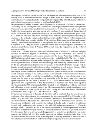A Comprehensive Review of Male Reproductive Toxic Effects of Aflatoxin 
179 
aflatoxicosis, it had accounted for 60% of the effects of aflatoxin on reproduction. AFB1 
toxicity leads to reduction in size and weight of testis, with mild testicular degeneration to 
complete disappearance of cellular components accompanied by interstitial cell proliferation 
and reduced estrogen concentration in rat (Gopal et al., 1980). 
Ikegwuonu et al., (1980) observed some degeneration in the testis of aflatoxin treated rats, 
accounting for the loss of germ cells. Further, the authors provided biochemical insight into 
the toxicity, and postulated inhibition of testicular ribose 5’-phosphate, which in turn might 
lead to the impairment of testicular nucleic acid synthesis. It was postulated that prolonged 
intake of aflatoxin leads to the disturbance of the ensemble of transaminases, particularly 
GOT and GPT activities, which can adversely affect testicular protein synthesis resulting in 
decrease of the testicular weight. Aflatoxin impairs protein biosynthesis by forming adducts 
with DNA, RNA and protein, inhibits RNA synthesis, DNA-dependent RNA polymerase 
activity, and causes degranulation of endoplasmic reticulum (Cullen & Newberne, 1994; 
Groopman et al., 1996). Reduction in protein content has also been reported in the testis of 
aflatoxin-treated mice (Nair & Verma, 2000), which could be responsible for the reduced 
enzyme activities. 
Piskac et al., (1982) showed that prolonged administration of aflatoxin to male rats and pigs 
resulted in different degrees of dystrophy leading to the destruction and atrophy of 
spermiogenic epithelium and oedema formation in the tissue. According to Hafez et al., 
(1982), aflatoxins affect sperm counts and morphology in buffalo bulls. The effect of dietary 
aflatoxin has also been reported to be clastogenic for meiotic chromosomes, and capable of 
inducing abnormalities in sperm head morphology and decreasing sperm count in mouse. 
In this case, the abnormal chromosomes were found to have both structural changes such as 
breaks, gaps, fragments, translocations, terminal associations as well as gross changes which 
include numerical changes, clumping and stickiness (Sinha & Prasad, 1990). 
Feeding of adult roosters with AF-contaminated diet produced several toxic manifestations 
which included atrophy of the testes, decrease in the diameter of the seminiferous tubules, 
decrease in the height of seminiferous epithelium, thickening in intertubular area of the 
testes, and increase in the abundance of interstitial cells. In some cases, there was no 
spermatogenesis in the testis (Ortatatli et al., 2002). Desquamation of seminiferous 
epithelium and degeneration of the desquamated or necrotic cells have been reported 
(Jayakumar et al., 1988; Sharlin et al., 1980). Ortatatli et al., (2002) observed focal lymphoid 
cell infiltration in testes in adult roosters fed AF-contaminated diet, which has already been 
reported to occur in other organs such as liver, kidney and pancreas due to aflatoxicosis 
(Dafalla et al., 1987; Esapda et al., 1997; Kiran et al., 1998). 
Evidence for impairment of Leydig cell function with a resultant drop in testosterone in 
testis preceding disruption of spermatogenesis in rats was provided by Egbunike et al., 
(1980, 1982). Recently, Abu El-Saad & Mahmoud, (2009) found decreased levels of FSH, LH 
and testosterone in AF-treated rat. However, no significant differences were observed in 
testosterone production and secretion by isolated testicular cells of control or aflatoxin 
treated male chickens when incubated in vitro with different concentrations of LH (Clarke & 
Ottinger, 1989). This could be due to the species differences in rate of exposure of aflatoxin 
(dietary vs. intraperitoneal) or potency of aflatoxin (aflatoxin mixture vs. purified aflatoxin 
B1). However, there was an unexpected suppression of testosterone production even in the 
presence of 1600ng/ml LH. The similar response of isolated testicular cells from both 
aflatoxin-treated and control males when exposed to varying amounts of LH indicated a 
lack of effect of dietary aflatoxin on the steroidogenic capacity of testicular cells in vitro. 
 