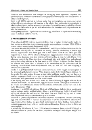 Aflatoxicosis in Layer and Breeder Hens 
209 
Fabricius was oedematous and enlarged at 3.91mg/kg level. Lymphoid depletion and 
lymphocytolysis and reticuloendothelial cell hyperplasia in the spleen were also observed in 
all the toxin fed groups. 
Denli et al. (2008) reported a reduced daily feed consumption, egg mass, and serum 
triglyceride concentrations, while increase in the relative liver weight, the serum activity of 
alkaline phosphatase, and the serum concentration of uric acid in twenty-eight Hisex Brown 
laying hens of 47 weeks of age fed with ochratoxin A for 3 weeks when compared those fed 
with the control diet. 
Thapa (2008) reported a significant reduction in egg production of layers fed with varying 
levels of aflatoxin for three periods. 
6. Aflatoxicosis in breeders 
When aflatoxin (20.00ppm) was incorporated into feed of mature broiler breeder males for 
four weeks, no alteration in spermatozoa counts, semen volume, or semen DNA, RNA or 
protein content was recorded (Briggs et al., 1974). 
Howarth & Wyatt (1976) fed broiler breeder hens 5 and 10ppm of aflatoxin in their diet for 
four weeks and reported no reduction in fertility, whereas hatchability of fertile eggs 
declined significantly from 95.00 per cent in the control to 68.90 and 48.50 per cent, 
respectively in 5 and 10ppm aflatoxin fed groups. Egg production decreased significantly 
during weeks three and four after initiation of toxin feeding in hens fed with 10 and 5ppm 
aflatoxin, respectively. They also observed enlarged fatty and friable liver and enlarged 
spleens by feeding aflatoxin at the dose levels of 0.00, 5.00 and 10.00ppm. Further, they did 
not observe any latent effect of aflatoxin or its metabolites on the performance of the 
surviving chicks hatched from broiler breeder hens, fed with 0.00, 5.00 and 100μg/kg of 
aflatoxin for four weeks. 
Sharlin et al. (1981) reported decreased semen volume and testes weight and disruption of 
the germinal epithelium in mature White Leghorn males fed with 20.00ppm aflatoxin for 
five weeks. They also noticed decrease in feed intake and body weight. However, there was 
no effect on per cent fertile eggs or per cent hatchability of fertile eggs from hens artificially 
inseminated with spermatozoa from the treated males. 
When laying hens and mature cocks were fed diets containing 8.10ppm aflatoxin B1 or 
1.60ppm aflatoxin G1 for three weeks, egg production ceased. Histological examination of 
the ovaries showed follicular atresia. On the contrary, no testicular lesions were seen in the 
males (Hafez et al., 1982). 
Jayakumar et al. (1988) fed aflatoxin B1 at rate of 25μg/duck, daily for three months and 
noticed reduced fertility and hatchability. Khan et al. (1989) injected 26.00, 81.00 and 216.00 
ng/egg of aflatoxin B1 and reported that lethal dose was 216.00 ng/egg and it caused 
mortality of chick embryo by the fourth day of incubation. 
Tiwari et al. (1989) compared the hatchability of chicks hatched from aflatoxin containing 
eggs and concluded that it was low in comparison to chicks hatched from aflatoxin free 
eggs. Further, they studied the post-hatch performance of chicks hatched from aflatoxin 
containing eggs and observed lower weight gains and impaired defense system in chicks fed 
on normal diet. 
In a study by Abdelhamid & Dorra (1990) where the maternal diet contained 100.00ppb of 
aflatoxin, citrinin or patulin for six weeks, the chicks had significantly higher weight than 
the control. 
 