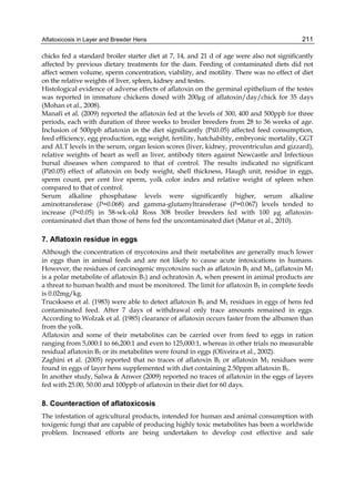 Aflatoxicosis in Layer and Breeder Hens 
211 
chicks fed a standard broiler starter diet at 7, 14, and 21 d of age were also not significantly 
affected by previous dietary treatments for the dam. Feeding of contaminated diets did not 
affect semen volume, sperm concentration, viability, and motility. There was no effect of diet 
on the relative weights of liver, spleen, kidney and testes. 
Histological evidence of adverse effects of aflatoxin on the germinal epithelium of the testes 
was reported in immature chickens dosed with 200μg of aflatoxin/day/chick for 35 days 
(Mohan et al., 2008). 
Manafi et al. (2009) reported the aflatoxin fed at the levels of 300, 400 and 500ppb for three 
periods, each with duration of three weeks to broiler breeders from 28 to 36 weeks of age. 
Inclusion of 500ppb aflatoxin in the diet significantly (P≤0.05) affected feed consumption, 
feed efficiency, egg production, egg weight, fertility, hatchability, embryonic mortality, GGT 
and ALT levels in the serum, organ lesion scores (liver, kidney, proventriculus and gizzard), 
relative weights of heart as well as liver, antibody titers against Newcastle and Infectious 
bursal diseases when compared to that of control. The results indicated no significant 
(P≥0.05) effect of aflatoxin on body weight, shell thickness, Haugh unit, residue in eggs, 
sperm count, per cent live sperm, yolk color index and relative weight of spleen when 
compared to that of control. 
Serum alkaline phosphatase levels were significantly higher, serum alkaline 
aminotransferase (P=0.068) and gamma-glutamyltransferase (P=0.067) levels tended to 
increase (P<0.05) in 58-wk-old Ross 308 broiler breeders fed with 100 μg aflatoxin-contaminated 
diet than those of hens fed the uncontaminated diet (Matur et al., 2010). 
7. Aflatoxin residue in eggs 
Although the concentration of mycotoxins and their metabolites are generally much lower 
in eggs than in animal feeds and are not likely to cause acute intoxications in humans. 
However, the residues of carcinogenic mycotoxins such as aflatoxin B1 and M1, (aflatoxin M1 
is a polar metabolite of aflatoxin B1) and ochratoxin A, when present in animal products are 
a threat to human health and must be monitored. The limit for aflatoxin B1 in complete feeds 
is 0.02mg/kg. 
Trucsksess et al. (1983) were able to detect aflatoxin B1 and M1 residues in eggs of hens fed 
contaminated feed. After 7 days of withdrawal only trace amounts remained in eggs. 
According to Wolzak et al. (1985) clearance of aflatoxin occurs faster from the albumen than 
from the yolk. 
Aflatoxin and some of their metabolites can be carried over from feed to eggs in ration 
ranging from 5,000:1 to 66,200:1 and even to 125,000:1, whereas in other trials no measurable 
residual aflatoxin B1 or its metabolites were found in eggs (Oliveira et al., 2002). 
Zaghini et al. (2005) reported that no traces of aflatoxin B1 or aflatoxin M1 residues were 
found in eggs of layer hens supplemented with diet containing 2.50ppm aflatoxin B1. 
In another study, Salwa & Anwer (2009) reported no traces of aflatoxin in the eggs of layers 
fed with 25.00, 50.00 and 100ppb of aflatoxin in their diet for 60 days. 
8. Counteraction of aflatoxicosis 
The infestation of agricultural products, intended for human and animal consumption with 
toxigenic fungi that are capable of producing highly toxic metabolites has been a worldwide 
problem. Increased efforts are being undertaken to develop cost effective and safe 
 