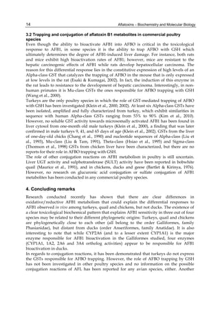14 
3.2 Trapping and conjugation of aflatoxin B1 metabolites in commercial poultry 
species 
Even though the ability to bioactivate AFB1 into AFBO is critical in the toxicological 
response to AFB1, in some species it is the ability to trap AFBO with GSH which 
ultimately determines the degree of AFB1-induced liver damage. For instance, both rats 
and mice exhibit high bioactivation rates of AFB1; however, mice are resistant to the 
hepatic carcinogenic effects of AFB1 while rats develop hepatocellular carcinoma. The 
reason for this differential response lies in the constitutive expression of high levels of an 
Alpha-class GST that catalyzes the trapping of AFBO in the mouse that is only expressed 
at low levels in the rat (Esaki & Kumagai, 2002). In fact, the induction of this enzyme in 
the rat leads to resistance to the development of hepatic carcinoma. Interestingly, in non-human 
Aflatoxins – Biochemistry and Molecular Biology 
primates it is Mu-class GSTs the ones responsible for AFBO trapping with GSH 
(Wang et al., 2000). 
Turkeys are the only poultry species in which the role of GST-mediated trapping of AFBO 
with GSH has been investigated (Klein et al., 2000; 2002). At least six Alpha-class GSTs have 
been isolated, amplified and fully characterized from turkey, which exhibit similarities in 
sequence with human Alpha-class GSTs ranging from 53% to 90% (Kim et al., 2010). 
However, no soluble GST activity towards microsomally activated AFB1 has been found in 
liver cytosol from one-month old male turkeys (Klein et al., 2000), a finding that was later 
confirmed in male turkeys 9, 41, and 65 days of age (Klein et al., 2002). GSTs from the liver 
of one-day-old chicks (Chang et al., 1990) and nucleotide sequences of Alpha-class (Liu et 
al., 1993), Mu-class (Liu & Tam, 1991), Theta-class (Hsiao et al., 1995) and Sigma-class 
(Thomson et al., 1998) GSTs from chicken liver have been characterized, but there are no 
reports for their role in AFBO trapping with GSH. 
The role of other conjugation reactions on AFB1 metabolism in poultry is still uncertain. 
Liver UGT activity and sulphotransferase (SULT) activity have been reported in bobwhite 
quail (Maurice et al., 1991), and in chickens, ducks and geese (Bartlet & Kirinya, 1976). 
However, no research on glucuronic acid conjugation or sulfate conjugation of AFB1 
metabolites has been conducted in any commercial poultry species. 
4. Concluding remarks 
Research conducted recently has shown that there are clear differences in 
oxidative/reductive AFB1 metabolism that could explain the differential responses to 
AFB1 observed in vivo among turkeys, quail and chickens, but not ducks. The existence of 
a clear toxicological biochemical pattern that explains AFB1 sensitivity in three out of four 
species may be related to their different phylogenetic origins: Turkeys, quail and chickens 
are phylogenetically close to each other (all belong to the order Galliformes, family 
Phasianidae), but distant from ducks (order Anseriformes, family Anatidae). It is also 
interesting to note that while CYP2A6 (and to a lesser extent CYP1A1) is the major 
enzyme responsible for AFB1 bioactivation in the Galliformes studied, four enzymes 
(CYP1A1, 1A2, 2A6 and 3A4 ortholog activities) appear to be responsible for AFB1 
bioactivation in ducks. 
In regards to conjugation reactions, it has been demonstrated that turkeys do not express 
the GSTs responsible for AFBO trapping. However, the role of AFBO trapping by GSH 
has not been investigated in other poultry species and no information on the possible 
conjugation reactions of AFL has been reported for any avian species, either. Another 
 