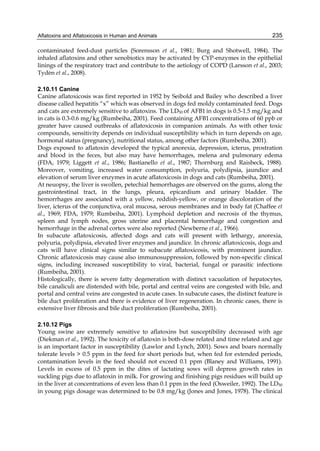 Aflatoxins and Aflatoxicosis in Human and Animals 
235 
contaminated feed-dust particles (Sorensson et al., 1981; Burg and Shotwell, 1984). The 
inhaled aflatoxins and other xenobiotics may be activated by CYP-enzymes in the epithelial 
linings of the respiratory tract and contribute to the aetiology of COPD (Larsson et al., 2003; 
Tydèn et al., 2008). 
2.10.11 Canine 
Canine aflatoxicosis was first reported in 1952 by Seibold and Bailey who described a liver 
disease called hepatitis “x” which was observed in dogs fed moldy contaminated feed. Dogs 
and cats are extremely sensitive to aflatoxins. The LD50 of AFB1 in dogs is 0.5-1.5 mg/kg and 
in cats is 0.3-0.6 mg/kg (Rumbeiha, 2001). Feed containing AFB1 concentrations of 60 ppb or 
greater have caused outbreaks of aflatoxicosis in companion animals. As with other toxic 
compounds, sensitivity depends on individual susceptibility which in turn depends on age, 
hormonal status (pregnancy), nutritional status, among other factors (Rumbeiha, 2001). 
Dogs exposed to aflatoxin developed the typical anorexia, depression, icterus, prostration 
and blood in the feces, but also may have hemorrhages, melena and pulmonary edema 
(FDA, 1979; Liggett et al., 1986; Bastianello et al., 1987; Thornburg and Raisbeck, 1988). 
Moreover, vomiting, increased water consumption, polyuria, polydipsia, jaundice and 
elevation of serum liver enzymes in acute aflatoxicosis in dogs and cats (Rumbeiha, 2001). 
At neuopsy, the liver is swollen, petechial hemorrhages are observed on the gums, along the 
gastrointestinal tract, in the lungs, pleura, epicardium and urinary bladder. The 
hemorrhages are associated with a yellow, reddish-yellow, or orange discoloration of the 
liver, icterus of the conjunctiva, oral mucosa, serous membranes and in body fat (Chaffee et 
al., 1969; FDA, 1979; Rumbeiha, 2001). Lymphoid depletion and necrosis of the thymus, 
spleen and lymph nodes, gross uterine and placental hemorrhage and congestion and 
hemorrhage in the adrenal cortex were also reported (Newberne et al., 1966). 
In subacute aflatoxicosis, affected dogs and cats will present with lethargy, anorexia, 
polyuria, polydipsia, elevated liver enzymes and jaundice. In chronic aflatoxicosis, dogs and 
cats will have clinical signs similar to subacute aflatoxicosis, with prominent jaundice. 
Chronic aflatoxicosis may cause also immunosuppression, followed by non-specific clinical 
signs, including increased susceptibility to viral, bacterial, fungal or parasitic infections 
(Rumbeiha, 2001). 
Histologically, there is severe fatty degeneration with distinct vacuolation of hepatocytes, 
bile canaliculi are distended with bile, portal and central veins are congested with bile, and 
portal and central veins are congested in acute cases. In subacute cases, the distinct feature is 
bile duct proliferation and there is evidence of liver regeneration. In chronic cases, there is 
extensive liver fibrosis and bile duct proliferation (Rumbeiha, 2001). 
2.10.12 Pigs 
Young swine are extremely sensitive to aflatoxins but susceptibility decreased with age 
(Diekman et al., 1992). The toxicity of aflatoxin is both-dose related and time related and age 
is an important factor in susceptibility (Lawlor and Lynch, 2001). Sows and boars normally 
tolerate levels > 0.5 ppm in the feed for short periods but, when fed for extended periods, 
contamination levels in the feed should not exceed 0.1 ppm (Blaney and Williams, 1991). 
Levels in excess of 0.5 ppm in the dites of lactating sows will depress growth rates in 
suckling pigs due to aflatoxin in milk. For growing and finishing pigs residues will build up 
in the liver at concentrations of even less than 0.1 ppm in the feed (Osweiler, 1992). The LD50 
in young pigs dosage was determined to be 0.8 mg/kg (Jones and Jones, 1978). The clinical 
 