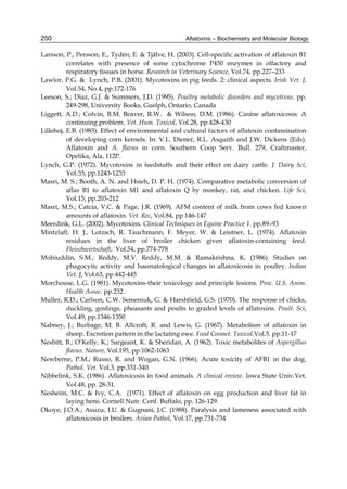 250 
Larsson, P., Persson, E., Tydén, E. & Tjälve, H. (2003). Cell-specific activation of aflatoxin B1 
Aflatoxins – Biochemistry and Molecular Biology 
correlates with presence of some cytochrome P450 enzymes in olfactory and 
respiratory tissues in horse. Research in Veterinary Science, Vol.74, pp.227–233 
Lawlor, P.G. & Lynch, P.B. (2001). Mycotoxins in pig feeds. 2: clinical aspects. Irish Vet. J, 
Vol.54, No.4, pp.172-176 
Leeson, S.; Diaz, G.J. & Summers, J.D. (1995). Poultry metabolic disorders and mycotixns. pp. 
249-298, University Books, Guelph, Ontario, Canada 
Liggett, A.D.; Colvin, B.M. Beaver, R.W. & Wilson, D.M. (1986). Canine aflatoxicosis: A 
continuing problem. Vet. Hum. Toxicol, Vol.28, pp.428-430 
Lillehoj, E.B. (1983). Effect of environmental and cultural factors of aflatoxin contamination 
of developing corn kernels. In: V.L. Diener, R.L. Asquith and J.W. Dickens (Eds). 
Aflatoxin and A. flavus in corn. Southern Coop Serv. Bull. 279, Craftmaster, 
Opelika, Ala, 112P. 
Lynch, G.P. (1972). Mycotoxins in feedstuffs and their effect on dairy cattle. J. Dairy Sci, 
Vol.55, pp.1243-1255 
Masri, M. S.; Booth, A. N. and Hsieh, D. P. H. (1974). Comparative metabolic conversion of 
aflas B1 to aflatoxin M1 and aflatoxin Q by monkey, rat, and chicken. Life Sci, 
Vol.15, pp.203-212 
Masri, M.S.; Catcia, V.C. & Page, J.R. (1969). AFM content of milk from cows fed known 
amounts of aflatoxin. Vet. Rec, Vol.84, pp.146-147 
Meerdink, G.L. (2002). Mycotoxins. Clinical Techniques in Equine Practice 1. pp.89–93 
Mintzlaff, H. J., Lotzsch, R. Tauchmann, F. Meyer, W. & Leistner, L. (1974). Aflatoxin 
residues in the liver of broiler chicken given aflatoxin-containing feed. 
Fleischwirtschaft, Vol.54, pp.774-778 
Mohiuddin, S.M.; Reddy, M.V. Reddy, M.M. & Ramakrishna, K. (1986). Studies on 
phagocytic activity and haematological changes in aflatoxicosis in poultry. Indian 
Vet. J, Vol.63, pp.442-445 
Morchouse, L.G. (1981). Mycotoxins-their toxicology and principle lesions. Proc. U.S. Anim. 
Health Assoc. pp.232. 
Muller, R.D.; Carlson, C.W. Semeniuk, G. & Harshfield, G.S. (1970). The response of chicks, 
duckling, goslings, pheasants and poults to graded levels of aflatoxins. Poult. Sci, 
Vol.49, pp.1346-1350 
Nabney, J.; Burbage, M. B. Allcroft, R. and Lewis, G. (1967). Metabolism of aflatoxin in 
sheep. Excretion pattern in the lactating ewe. Food Cosmet. Toxicol.Vol.5. pp.11-17 
Nesbitt, B.; O’Kelly, K.; Sargeant, K. & Sheridan, A. (1962). Toxic metabolites of Aspergillus 
flavus. Nature, Vol.195, pp.1062-1063 
Newberne, P.M.; Russo, R. and Wogan, G.N. (1966). Acute toxicity of AFB1 in the dog. 
Pathol. Vet. Vol.3. pp.331-340. 
Nibbelink, S.K. (1986). Aflatoxicosis in food animals. A clinical review. Iowa State Univ.Vet. 
Vol.48, pp. 28-31. 
Nesheim, M.C. & Ivy, C.A. (1971). Effect of aflatoxin on egg production and liver fat in 
laying hens. Cornell Nutr. Conf. Buffalo, pp. 126-129. 
Okoye, J.O.A.; Asuzu, I.U. & Gugnani, J.C. (1988). Paralysis and lameness associated with 
aflatoxicosis in broilers. Avian Pathol, Vol.17, pp.731-734 
 
