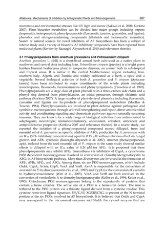 Aflatoxins: Mechanisms of Inhibition by Antagonistic Plants and Microorganisms 
287 
mammals) and environmental stresses like UV light and ozone (Bakkali et al. 2008; Korkina 
2007). Plant bioactive metabolites can be divided into major groups including terpens 
(terpenoids, isoterpenoids), phenylpropanoids (flavonoids, tannins, glycosides, and lignins), 
phenolics and nitrogen-containing compounds (alkaloids and heterocyclic aromatics). 
Search of natural sources for novel inhibitors of AF biosynthesis has been a subject of 
intense study and a variety of bioactive AF inhibitory compounds have been reported from 
medicinal plants (Review by Razzaghi-Abyaneh et al. 2010 and references therein). 
3.1 Phenylpropanoids from Anethum graveolens and Petroselinum crispum 
Anethum graveolens L. (dill) is a short-lived annual herb cultivated as a native plant in 
southwest and central Asia including Iran. Petroselinum crispum (parsley) is a bright green 
hairless biennial herbaceous plant in temperate climates, an annual herb in sub-tropical 
and tropical areas. It is native to the central Mediterranean region including Iran, 
southern Italy, Algeria and Tunisia and widely cultivated as a herb, a spice and a 
vegetable. Several biological activities of both A. graveolens and P. crispum (Apiaceae 
family) have been attributed to major constituents of the whole plants including 
monoterpenes, flavonoids, furanocumarins and phenylpropanoids (Crowden et al. 1969). 
Phenylpropanoids are a large class of plant phenols with a three-carbon side chain and a 
phenyl ring derived from phenylalanine, an initial precursor, through shikimic acid 
pathway (Korkina 2007). A large number of plant-derived phenolics including flavonoids, 
cumarins and lignins are by-products of phenylpropanoid metabolism (MacRae & 
Towers, 1984). Phenylpropanoids are involved in plant defense against pathogenic and 
symbiotic microorganisms through cell wall strengthening and repair, direct antimicrobial 
activity and coordinating signaling and chemotaxis pathways against naturally occurring 
stressors. They are known for a wide range of biological activities from antimicrobial to 
adaptogenic, neurotropic, immunostimulatory, antioxidant, antiulcer, anticancer and 
antiproliferative properties (Korkina 2007 and references therein). In a recent study, we 
reported the isolation of a phenylpropanoid compound named dillapiol, from leaf 
essential oil of A. graveolens as specific inhibitor of AFG1 production by A. parasiticus with 
an IC50 (50% inhibitory concentration) equal to 0.15 μM without obvious effect on fungal 
growth and AFB1 synthesis (Razzaghi-Abyaneh et al. 2007). Another phenylpropanoid, 
apiol, isolated from the seed essential oil of P. crispum in the same study showed similar 
effects to dillapiol with an IC50 value of 0.24 μM for AFG1. It is proposed that these 
phenylpropanoids may inhibit AFG1 biosynthesis via inhibition of CypA, a cytochrome 
P450 dependent monooxygenase involved in conversion of O-methylsterigmatocystin to 
AFG1 in AF biosynthetic pathway. More than 20 enzymes are involved in the formation of 
AFB1, AFB2, AFG1, and AFG2. Among them, six are P450 monooxygenases, which include 
OrdA, CypA, AvnA, CypX, VerA and VerB. AvnA is responsible for the conversion of 
averantin to 5’-hydroxyaverantin (Yu et al., 1997) and CypX for the conversion of averufin 
to hydroxyversicolorone (Wen et al., 2005). VerA and VerB are both involved in the 
conversion of versicolorin A to demethylsterigmatocystin (Keller et al., 1994; Keller et al., 
1995). Cytochrome P450 monooxygenases belong to the superfamily of proteins that 
contain a heme cofactor. The active site of a P450 is a heme-iron center. The iron is 
tethered to the P450 protein via a thiolate ligand derived from a cysteine residue. This 
cysteine heme-iron ligand signature, F[S/G/E] XGXRXCXG, is present at the N terminal 
portion of the six P450s involved in AF biosynthesis. It is believed that OrdA and CypA 
may correspond to the microsomal enzymes and NadA the cytosol enzyme that are 
 
