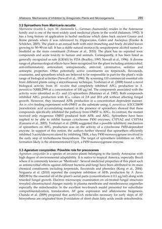 Aflatoxins: Mechanisms of Inhibition by Antagonistic Plants and Microorganisms 
289 
3.2 Spiroethers from Matricaria recutita 
Matricaria recutita L. (syn: M. chamomilla L.; German chamomile) resides in the Asteraceae 
family and is one of the most widely used medicinal plants in the world (Salamon, 1992). It 
has a long history of application in herbal medicine which dates back ancient Greece and 
Rome periods where it was referenced by Hippocrates, Galen and Asclepius (Franke & 
Schilcher, 2005). The plant is an annual herb with erect branching and finely divided leaves 
growing to 50–90 cm tall. It has a stable natural monocyclic sesquiterpene alcohol named α- 
bisabolol as the main constituent (Tolouee et al., 2010). The plant has no reported toxic 
compounds and acute toxicity to human and animals. Consequently, it has been listed as 
generally recognized as safe (GRAS) by FDA (Bradley, 1993; Newall et al., 1996). A diverse 
range of pharmacological effects have been recognized for the plant including antimicrobial, 
anti-inflammatory, antioxidant, antispasmodic, antiviral, carminative, sedative and 
antiseptic properties. Other potentially active constituents are terpenoids, flavonoids, 
coumarins, and spiroethers which are believed to be responsible in part for the plant’s wide 
range of biological activities (Newall et al., 1996). By screening 110 commercial essential oils 
from different plants using a microbioassay technique, Yoshinari et al. (2008) found a novel 
biological activity from M. recutita that completely inhibited AFG1 production in A. 
parasiticus NRRL2999 at a concentration of 100 μg/ml. The components associated with the 
activity were identified as (E)- and (Z)-spiroethers (Martinez et al. 1987). Both compounds 
inhibited AFG1 production with IC50 values of 2.8 and 20.6 μM without affecting fungal 
growth. However, they increased AFB1 production in a concentration dependent manner. 
An in vitro feeding experiment with OMST as the substrate using A. parasiticus ATCC24690 
(norsolorinic acid accumulating mutant) in the presence of spiroethers showed that these 
compounds specifically inhibited the pathway from OMST to AFG1. In contrast, the mutant 
received only exogenous OMST produced both AFB1 and AFG1. Spiroethers have been 
implied to be able to inhibit human cytochrome P450 enzymes, CYP1A2 and CYP3A4 
(Ganzera et al., 2005). Yoshinari et al. (2008) suggested that a possible inhibitory mechanism 
of spiroethers on AFG1 production was on the activity of a cytochrome P450-dependent 
enzyme. In support of this notion, the authors further showed that spiroethers efficiently 
inhibited 3-acetyldeoxynivalenol by inhibiting TRI4, a key P450 monooxygenase involved in 
the early step of trichothecene biosynthesis. The target of spiroethers inhibition on AFG1 
formation likely is the aforementioned CypA, a P450 monooxygenase enzyme. 
3.3 Ageratum conyzoides: Possible role for precocenes 
Ageratum conyzoides is a species of invasive plants belonging to the family Asteraceae with 
high degree of environmental adaptability. It is native to tropical America, especially Brazil 
where it is commonly known as "Mentrasto". Several medicinal properties of this plant such 
as antimicrobial effects against different bacteria and fungi have been attributed to its main 
chemical constituents including terpenoids, flavonoids and phenolics (Kong et al., 2004). 
Nogueria et al. (2010) reported the complete inhibition of AFB1 production by A. flavus 
IMI190 by the essential oil of the plant's aerial parts (concentrations ≥ 0.1 μg/ml) along with 
retarded fungal growth. Electron microscopic examination on oil-treated fungal structures 
revealed ultrastructural changes mainly in plasma membrane and memberanous organelles 
especially the mitochondria. In the excellent two-branch model presented for subcellular 
compartmentalization, translocation, AF gene expression and aflatoxisome biogenesis, 
Chanda et al. (2009) proposed that acetyl-CoA molecules necessary for early steps of AF 
biosynthesis are originated from β-oxidation of short chain fatty acids inside mitochondria. 
 