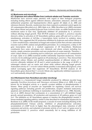 296 
4.2 Mushrooms and microfungi 
4.2.1 β-glucans and culture filtrates from Lentinula edodes and Trametes versicolor 
Mushrooms have received major attention with regard to their biological properties 
including healing effects against different diseases, antioxidant, anticancer, antiviral, and 
antibacterial properties and hepatoprotective effects against AF (Zjalic et al., 2006 and 
references therein). Recently, mushrooms have been explored as potential control agents for 
AF contamination (Reverberi et al., 2005; Zjalic et al., 2006). Reverberi et al. (2005) concluded 
that culture filtrate and purified β-glucans from Lentinula edodes, an edible basidiomycetous 
mushroom native to East Asia, significantly inhibited AF production by A. parasiticus 
without affecting fungal growth. Their RT-PCR analyses of treated A. parasiticus mycelia 
showed a delay in activation of AF biosynthetic pathway genes aflR and norA as well as a 
simultaneous activation of hsf2-like, a transcription factor involved in oxidative stress 
responses. They suggested that AF production inhibition by β-glucans and culture filtrate of 
L. edodes resulted from a stimulation of fungal anti-oxidant system that activates antioxidant 
enzymes such as SOD, catalase and glutathione peroxidase. As a consequence, a delay in AF 
gene transcription leads to a marked suppression of AF biosynthesis. Mushroom 
constituents have some advantages over chemicals and plants extracts including low 
toxicity, simple extraction procedures and easy production on waste materials. Therefore, L. 
edodes culture filtrate is a promising tool to control pre- and post-harvest AF contamination 
of crops. Zjalic et al. (2006) examined another industrially important mushroom, Trametes 
versicolor, for its antifungal activity against an AF producing A. parasiticus. They showed that 
lyophilized culture filtrates and purified exopolysaccharides of different strains of T. 
versicolor efficiently inhibited AF (B and G series) production in the range of 40-90% in 
submerged cultures and on maize and wheat seeds without affecting fungal growth. 
Antioxidant activity of T. versicolor culture filtrate possibly is associated with β-glucan, a free 
radical scavenging agent that suppresses AF biosynthesis. RT-PCR analyses of AF 
biosynthetic genes showed that T. versicolor filtrate also significantly inhibited expression of 
norA and markedly delayed aflR transcription. 
Aflatoxins – Biochemistry and Molecular Biology 
4.2.2 Wortmannin from Penicillium and other microfungi 
Wortmannin is a furanosteroid fungal metabolite produced by different mycelial fungi 
especially Penicillium funiculosum and Talaromyces wortmannii (Bräse et al., 2009). It is well 
known for its biological activity as a specific covalent inhibitor of phosphoinositide 3- 
kinases. These group of enzymes are responsible for regulating various cell survival 
signaling pathways including growth and proliferation, receptor mediated endocytosis, 
apoptosis and membrane trafficking in mammalian cells (Shepherd et al., 1988). Recently, 
Lee et al. (2007) showed that wortmannin at a concentration of 1 μM inhibited fungal 
growth, asexual sporulation, AF production and expression of AF pathway genes ver1 and 
nor1. The inhibition on AF biosynthesis appears to interfere the phopsphatidyl inositol 3- 
kinase-mediated signaling pathway similar to that described for mammalian hepatocytes by 
Rondione et al. (2000). In the model proposed, a cascade of events including blocking of the 
phopsphatidylinositol 3-kinase activity, inhibition of phosphodiesterase activation, 
accumulation of cAMP levels to higher than the physiological state, reduction of aflR 
expression and activity, and reduction of promoter activity of nor1 and ver1 genes occur in 
wortmannin-treated A. parasiticus which concertedly led to strong inhibition of AF 
production. 
 