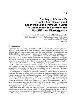 16 
Binding of Aflatoxin B1 
to Lactic Acid Bacteria and 
Saccharomyces cerevisiae in vitro: 
A Useful Model to Determine the 
Most Efficient Microorganism 
Romina P. Pizzolitto, Dante J. Bueno, María R. Armando, 
Lilia Cavaglieri, Ana M. Dalcero and Mario A. Salvano 
Universidad Nacional de Río Cuarto 
Argentina 
1. Introduction 
Mycotoxins are toxic fungal metabolites found as contaminants in many agricultural 
products. Feeds contaminated with mycotoxins have a health risk to animals and, as a 
consequence, may cause big economical losses due to the low efficacy of animal husbandry 
(Richard, 2007). In addition, directly or indirectly (animal by-products) contaminated foods 
may also have a health risk to humans (CAST, 2003; Hussein & Brasel, 2001; Wild, 2007). 
Aflatoxins (AFs), a group of potent mycotoxins with mutagnic, carcinogenic, teratogenic, 
hepatotoxic and immunosupresive properties, are of particular importance because of their 
major occurrence and adverse effects on animal and human health, generalized as 
“aflatoxicosis” (CAST, 2003; Hussein & Brasel, 2001; Magnoli et al., 2011). 
The AFs are produced by genus Aspergillus, mainly A. flavus, A. parasiticus and A. nomius, 
that grow on a variety of raw material during growth, harvest, storage and transportation of 
for example, the cereal used in the preparation of food and feed commodities (Ito et al., 
2001; Kurtzman et al., 1987; Payne, 1998; Pereyra et al., 2010). 
The investigation of strategies to prevent the presence of AFs in foods, as well as, to 
eliminate, inactivate or reduce the bio-availability of these mycotoxins in contaminated 
products include physical, chemical, and biological methods (Bueno et al., 2001; CAST, 2003; 
Kabak et al., 2006). Limitations such as the loss of nutritional and sensory qualities of the 
product, the expensive equipment required for these techniques and the impossibility to 
guarantee the desired results, have allowed us to consider the hipothesis that foods and 
feeds can always be potentially contaminated with aflatoxins. For instance, in the poultry 
industry aflatoxin B1 (AFB1) is almost an unavoidable feed contaminant and levels from 0- 
200 ng/g have been reported (Dalcero et al., 1997). 
On the other hand, it is known that lactic acid bacteria (LAB) and some yeast, principally 
Saccharomyces cerevisiae, are capable to bind AFs in liquid media, apparently to cell wall 
components, polysaccharides and peptidoglycans of LAB (Haskard et al., 2001; Latinen et 
al., 2004) and glucomannans of yeast (Karaman et al., 2005; Raju & Devegowda, 2000) and 
 