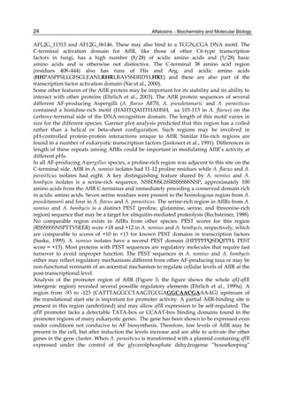 24 
AFL2G_11313 and AFL2G_06146. These may also bind to a TCGNxCGA DNA motif. The 
C-terminal activation domain for AflR, like those of other C6-type transcription 
factors in fungi, has a high number (8/28) of acidic amino acids and (5/28) basic 
amino acids and is otherwise not distinctive. The C-terminal 38 amino acid region 
(residues 408–444) also has runs of His and Arg, and acidic amino acids 
(HHPASPFSLLGFSGLEANLRHRLRAVSSDIIDYLHRE) and these are also part of the 
transcription factor activation domain (Xie et al., 2000). 
Some other features of the AflR protein may be important for its stability and its ability to 
interact with other proteins (Ehrlich et al., 2003). The AflR protein sequences of several 
different AF-producing Aspergilli (A. flavus AF70, A. pseudotamarii, and A. parasiticus 
contained a histidine-rich motif (HAHTQAHTHAHSH, aa 103-113 in A. flavus) on the 
carboxy-terminal side of the DNA-recognition domain. The length of this motif varies in 
size for the different species. Garnier plot analysis predicted that this region has a coiled 
rather than a helical or beta-sheet configuration. Such regions may be involved in 
pH-controlled protein-protein interactions unique to AflR. Similar His-rich regions are 
found in a number of eukaryotic transcription factors (Janknect et al., 1991). Differences in 
length of these repeats among AflRs could be important in modulating AflR’s activity at 
different pHs. 
In all AF-producing Aspergillus species, a proline-rich region was adjacent to this site on the 
C-terminal side. AflR in A. nomius isolates had 11-12 proline residues while A. flavus and A. 
parasiticus isolates had eight. A key distinguishing feature shared by A. nomius and A. 
bombycis isolates is a serine-rich sequence, NSSDSSGSSRSSSSSSNSP, approximately 100 
amino acids from the AflR C-terminus and immediately preceding a conserved domain rich 
in acidic amino acids. Seven serine residues were present in the homologous region from A. 
pseudotamarii and four in A. flavus and A. parasiticus. The serine-rich region in AflRs from A. 
nomius and A. bombycis is a distinct PEST (proline, glutamine, serine, and threonine-rich 
region) sequence that may be a target for ubiquitin-mediated proteolysis (Rechsteiner, 1988). 
No comparable region exists in AflRs from other species. PEST scores for this region 
(RSSSSSSNSPTTVSEER) were +18 and +12 in A. nomius and A. bombycis, respectively, which 
are comparable to scores of +10 to +13 for known PEST domains in transcription factors 
(Suske, 1999). A. nomius isolates have a second PEST domain (HPPPPPQSDQPPH, PEST 
score = +15). Most proteins with PEST sequences are regulatory molecules that require fast 
turnover to avoid improper function. The PEST sequences in A. nomius and A. bombycis 
either may reflect regulatory mechanisms different from other AF-producing taxa or may be 
non-functional remnants of an ancestral mechanism to regulate cellular levels of AflR at the 
post-transcriptional level. 
Analysis of the promoter region of AflR (Figure 3; the figure shows the whole aflJ-aflR 
intergenic region) revealed several possible regulatory elements (Ehrlich et al., 1999a). A 
region from -93 to -123 (CATTTAGGCCTAAGTGCGAGGCAACGAAAAG) upstream of 
the translational start site is important for promoter activity. A partial AflR-binding site is 
present in this region (underlined) and may allow aflR expression to be self-regulated. The 
aflR promoter lacks a detectable TATA-box or CCAAT-box binding domains found in the 
promoter regions of many eukaryotic genes. The gene has been shown to be expressed even 
under conditions not conducive to AF biosynthesis. Therefore, low levels of AflR may be 
present in the cell, but after induction the levels increase and are able to activate the other 
genes in the gene cluster. When A. parasiticus is transformed with a plasmid containing aflR 
expressed under the control of the glycerolphosphate dehydrogense “housekeeping” 
Aflatoxins – Biochemistry and Molecular Biology 
 