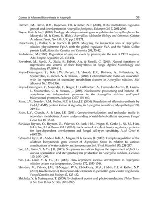 Control of Aflatoxin Biosynthesis in Aspergilli 
39 
Palmer, J.M., Perrin, R.M., Dagenais, T.R. & Keller, N.P. (2008). H3K9 methylation regulates 
growth and development in Aspergillus fumigatus, Eukaryot Cell 7, 2052-2060. 
Payne, G.A. & Yu, J. (2010). Ecology, development and gene regulation in Aspergillus flavus. In: 
Masayuki, M. & Gomi, K. (Eds.), Aspergillus: Molecular Biology and Genomics. Caister 
Academic Press, Norfolk, UK, pp. 157-171. 
Purschwitz, J., Muller, S. & Fischer, R. (2009). Mapping the interaction sites of Aspergillus 
nidulans phytochrome FphA with the global regulator VeA and the White Collar 
protein LreB, Molecular Genetics and Genomics 281, 35-42. 
Rechsteiner, M. (1988). Regulation of enzyme levels by proteolysis: the role of PEST regions, 
Adv. Enzyme Regulation 27, 135-151. 
Reverberi, M., Ricelli, A., Zjalic, S., Fabbri, A.A. & Fanelli, C. (2010). Natural functions of 
mycotoxins and control of their biosynthesis in fungi, Applied Microbiology and 
Biotechnology 87, 899-911. 
Reyes-Dominguez, Y., Bok, J.W., Berger, H., Shwab, E.K., Basheer, A., Gallmetzer, A., 
Scazzocchio, C., Keller, N. & Strauss, J. (2010). Heterochromatic marks are associated 
with the repression of secondary metabolism clusters in Aspergillus nidulans, Mol 
Microbiol 76, 1376-1386. 
Reyes-Dominguez, Y., Narendja, F., Berger, H., Gallmetzer, A., Fernandez-Martin, R., Garcia, 
I., Scazzocchio, C. & Strauss, J. (2008). Nucleosome positioning and histone H3 
acetylation are independent processes in the Aspergillus nidulans prnD-prnB 
bidirectional promoter, Eukaryot Cell 7, 656-663. 
Roze, L.V., Beaudry, R.M., Keller, N.P. & Linz, J.E. (2004). Regulation of aflatoxin synthesis by 
FadA/cAMP/protein kinase A signaling in Aspergillus parasiticus, Mycopathologia 158, 
219-232. 
Roze, L.V., Chanda, A. & Linz, J.E. (2011). Compartmentalization and molecular traffic in 
secondary metabolism: A new understanding of established cellular processes, Fungal 
Genet Biol 48, 35-48. 
Sarikaya Bayram, O., Bayram, O., Valerius, O., Park, H.S., Irniger, S., Gerke, J., Ni, M., Han, 
K.H., Yu, J.H. & Braus, G.H. (2010). LaeA control of velvet family regulatory proteins 
for light-dependent development and fungal cell-type specificity, PLoS Genet 6, 
e1001226. 
Schmidt-Heydt, M., Abdel-Hadi, A., Magan, N. & Geisen, R. (2009). Complex regulation of the 
aflatoxin biosynthesis gene cluster of Aspergillus flavus in relation to various 
combinations of water activity and temperature, Int J Food Microbiol 135, 231-237. 
Seo, J.A., Guan, Y. & Yu, J.H. (2003). Suppressor mutations bypass the requirement of fluG for 
asexual sporulation and sterigmatocystin production in Aspergillus nidulans., Genetics 
165, 1083-1093. 
Seo, J.A., Guan, Y. & Yu, J.H. (2006). FluG-dependent asexual development in Aspergillus 
nidulans occurs via derepression, Genetics 172, 1535-1544. 
Shaaban, M., Palmer, J.M., El-Naggar, W.A., El-Sokkary, M.A., Habib, E.E. & Keller, N.P. 
(2010). Involvement of transposon-like elements in penicillin gene cluster regulation, 
Fungal Genetics and Biology 47, 423-432. 
Shichida, Y. & Matsuyama, T. (2009). Evolution of opsins and phototransduction, Philos Trans 
R Soc Lond B Biol Sci 364, 2881-2895. 
 