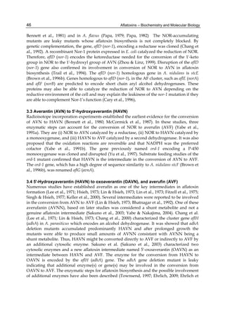 46 
Bennett et al., 1981) and in A. flavus (Papa, 1979; Papa, 1982) The NOR-accumulating 
mutants are leaky mutants whose aflatoxin biosynthesis is not completely blocked. By 
genetic complementation, the gene, aflD (nor-1), encoding a reductase was cloned (Chang et 
al., 1992). A recombinant Nor-1 protein expressed in E. coli catalyzed the reduction of NOR. 
Therefore, aflD (nor-1) encodes the ketoreductase needed for the conversion of the 1'-keto 
group in NOR to the 1'-hydroxyl group of AVN (Zhou & Linz, 1999). Disruption of the aflD 
(nor-1) gene also confirmed its involvement in conversion of NOR to AVN in aflatoxin 
biosynthesis (Trail et al., 1994). The aflD (nor-1) homologous gene in A. nidulans is stcE 
(Brown et al., 1996b). Genes homologous to aflD (nor-1), in the AF cluster, such as aflE (norA) 
and aflF (norB) are predicted to encode short chain aryl alcohol dehydrogenases. These 
proteins may also be able to catalyze the reduction of NOR to AVN depending on the 
reductive environment of the cell and may explain the leakiness of the nor-1 mutation if they 
are able to complement Nor-1’s function (Cary et al., 1996), 
Aflatoxins – Biochemistry and Molecular Biology 
3.3 Averantin (AVN) to 5'-hydroxyaverantin (HAVN) 
Radioisotope incorporation experiments established the earliest evidence for the conversion 
of AVN to HAVN (Bennett et al., 1980; McCormick et al., 1987). In these studies, three 
enzymatic steps can account for the conversion of NOR to averufin (AVF) (Yabe et al., 
1991a). They are (i) NOR to AVN catalyzed by a reductase, (ii) NOR to HAVN catalyzed by 
a monooxygenase, and (iii) HAVN to AVF catalyzed by a second dehydrogenase. It was also 
proposed that the oxidation reactions are reversible and that NADPH was the preferred 
cofactor (Yabe et al., 1991b). The gene previously named ord-1 encoding a P-450 
monooxygenase was cloned and disrupted (Yu et al., 1997). Substrate feeding studies of the 
ord-1 mutant confirmed that HAVN is the intermediate in the conversion of AVN to AVF. 
The ord-1 gene, which has a high degree of sequence similarity to A. nidulans stcF (Brown et 
al., 1996b), was renamed aflG (avnA). 
3.4 5'-Hydroxyaverantin (HAVN) to oxoaverantin (OAVN), and averufin (AVF) 
Numerous studies have established averufin as one of the key intermediates in aflatoxin 
formation (Lee et al., 1971; Hsieh, 1973; Lin & Hsieh, 1973; Lin et al., 1973; Fitzell et al., 1975; 
Singh & Hsieh, 1977; Keller et al., 2000). Several intermediates were reported to be involved 
in the conversion from AVN to AVF (Lin & Hsieh, 1973; Bhatnagar et al., 1992). One of these 
averufanin (AVNN), based on later studies was considered a shunt metabolite and not a 
genuine aflatoxin intermediate (Sakuno et al., 2003; Yabe & Nakajima, 2004). Chang et al. 
(Lee et al., 1971; Lin & Hsieh, 1973; Chang et al., 2000) characterized the cluster gene aflH 
(adhA) in A. parasiticus which encodes an alcohol dehydrogenase. It was showed that adhA 
deletion mutants accumulated predominantly HAVN and after prolonged growth the 
mutants were able to produce small amounts of AVNN consistant with AVNN being a 
shunt metabolite. Thus, HAVN might be converted directly to AVF or indirectly to AVF by 
an additional cytosolic enzyme. Sakuno et al. (Sakuno et al., 2003) characterized two 
cytosolic enzymes and a new aflatoxin intermediate named 5'-oxoaverantin (OAVN) as an 
intermediate between HAVN and AVF. The enzyme for the conversion from HAVN to 
OAVN is encoded by the aflH (adhA) gene. The adhA gene deletion mutant is leaky 
indicating that additional enzyme(s) or gene(s) may be involved in the conversion from 
OAVN to AVF. The enzymatic steps for aflatoxin biosynthesis and the possible involvement 
of additional enzymes have also been described (Townsend, 1997; Ehrlich, 2009; Ehrlich et 
 