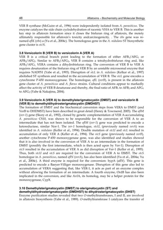 48 
VER B synthase (McGuire et al., 1996) were independently isolated from A. parasiticus. The 
enzyme catalyzes the side chain cyclodehydration of racemic VHA to VER B. This is another 
key step in aflatoxin formation since it closes the bisfuran ring of aflatoxin, the moiety 
ultimately responsible for aflatoxin’s toxicity andcarcinogenicity. . The vbs gene was re-named 
Aflatoxins – Biochemistry and Molecular Biology 
aflK (vbs) a (Yu et al., 2004c). The homologous gene in the A. nidulans ST biosynthetic 
gene cluster is stcN. 
3.8 Versicolorin B (VER B) to versicolorin A (VER A) 
VER B is a critical branch point leading to the formation of either AFB1/AFG1 or 
AFB2/AFG2. Similar to AFB2/AFG2, VER B contains a tetrahydrobisfuran ring and, like 
AFB1/AFG1, VERA contains a dihydrobisfuran ring. The conversion of VER B to VER A 
requires desaturation of the bisfuran ring of VER B by an unstable microsomal enzyme that 
requires NADPH (Yabe et al., 1993). Disruption of stcL in A. nidulans (Kelkar et al., 1997) 
abolished ST synthesis and resulted in the accumulation of VER B. The stcL gene encodes a 
cytochrome P-450 monooxygenase. The homologue, aflL (verB), is present in the aflatoxin 
gene cluster of A. parasiticus and A. flavus strains. Cultural conditions appear to markedly 
affect the activity of VER B desaturase and thereby, the final ratio of AFB1 to AFB2 and AFG1 
to AFG2 (Yabe & Nakajima, 2004). 
3.9 Versicolorin A (VER A) to demethylsterigmatocystin (DMST) and versicolorin B 
(VER B) to demethyldihydrosterigmatocystin (DMDHST) 
The formation of DMST and the biochemical conversion steps from VERA to DMST (and 
VerB to DHDMST) have been described in great detail (Henry & Townsend, 2005). The aflM 
(ver-1) gene (Skory et al., 1992), cloned by genetic complementation of VER A-accumulating 
A. parasiticus CS10, was shown to be responsible for the conversion of VER A to an 
intermediate that has not been isolated. The aflM (ver-1) gene was predicted to encode a 
ketoreductase, similar Nor-1. The ver-1 homologue, stcU, (previously named verA) was 
identified in A. nidulans (Keller et al., 1994). Double mutation of stcU and stcL resulted in 
accumulation of only VER A (Keller et al., 1994). The stcS gene (previously named verB), 
another cytochrome P-450 monooxygenase gene, was also identified and studies showed 
that it is also involved in the conversion of VER A to an intermediate in the formation of 
DMST (possibly the first intermediate, which is then acted upon by Ver-1). Disruption of 
stcS resulted in the accumulation of VER A as did disruption of Ver-1 (Keller et al., 1995). 
Thus, both stcU and stcS are required for the conversion of VER A to DMST. The stcS 
homologue in A. parasiticus, named aflN (verA), has also been identified (Yu et al., 2004a; Yu 
et al., 2004c). A third enzyme is required for the conversion: hypA (aflY). This gene is 
predicted to encode a Baeyer-Villiger monooxygenase. Disruption of this gene also led to 
accumulation of VERA suggesting that, like VER-1, it acts as part of an enzyme complex 
without allowing the formation of an intermediate. A fourth enzyme, OrdB has also been 
implicated in the conversion, and like AvfA, its homolog, may be a helper protein for the 
monooxygenase, CypX. 
3.10 Demethylsterigmatocystin (DMST) to sterigmatocystin (ST) and 
demethyldihydrosterigmatocystin (DMDHST) to dihydrosterigmatocystin (DHST) 
Enzyme purification studies revealed that two O-methyltransferases, I and II, are involved 
in aflatoxin biosynthesis (Yabe et al., 1989). O-methyltransferase I catalyzes the transfer of 
 