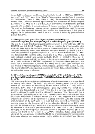 Aflatoxin Biosynthetic Pathway and Pathway Genes 
49 
the methyl from S-adenosylmethionine (SAM) to the hydroxyls of DMST and DHDMST to 
produce ST and DHST, respectively. This 43-kDa enzyme was purified from A. parasiticus 
and characterized (Yabe et al., 1998; Yabe et al., 1999). The corresponding gene, dmtA, was 
isolated from A. parasiticus based on a partial amino acid sequence of the purified enzyme 
(Motomura et al., 1999). Yu et al. (Yu et al., 2000b) concurrently isolated the same gene but 
named it aflO (omtB) (for O-methyltransferase B) from A. parasiticus, A. flavus and A. sojae. 
The predicted dmtA-encoded protein contains a consensus SAM-binding motif (Motomura 
et al., 1999). The aflO (omtB) homolog in A. nidulans was identified as stcP. This gene is 
required for the conversion of DMST to ST in A. nidulans as shown by gene disruption 
(Kelkar et al., 1996). 
3.11 Sterigmatocystin (ST) to O-methylsterigmatocystin (OMST) and 
demethylsterigmatocystin (DMST) to dihydro-O-methylsterigmatocystin (DHOMST) 
The gene for O-methyltransferase required for the conversion of ST to OMST and DHST to 
DHOMST was first cloned (Yu et al., 1993) from A. parasiticus by reverse genetics using 
antibodies raised against the purified A. parasiticus O-methyltransferase A (Keller et al., 1993). 
This gene was initially named omt-1, then omtA and finally renamed aflP (omtA) (Yu et al., 
1993). The recombinant enzyme was expressed in E. coli and its activity to convert ST to OMST 
was demonstrated by substrate feeding studies (Yu et al., 1993). O-methyltransferase A has 
strict substrate-specificity and cannot methylate DMST or DHDMST. Thus, the O-methyltransferases 
A encoded by aflP (omtA) is the enzyme responsible for the conversion of 
ST to OMST and DMST to DHOMST. The genomic DNA sequence of this gene (omtA) was 
cloned from A. parasiticus and A. flavus (Yu et al., 1995b). This aflP (omtA) gene homologue was 
also detected in other aflatoxigenic and non-aflatoxigenic Aspergillus species (Klich et al., 1995). 
The absence of the aflP orthologue in A. nidulans is the reason that A. nidulans produces ST as 
the end product instead of aflatoxins. 
3.12 O-methylsterigmatocystin (OMST) to aflatoxin B1 (AFB1) and aflatoxin G1 (AFG1) 
and demethyldihydrosterigmatocystin (DMDHST) to aflatoxin B2 (AFB2) and aflatoxin 
G2 (AFG2) 
The relationship between B-group and G-group aflatoxin formation was proposed based 
on feeding experiments (Yabe et al., 1988). A P-450 monooxygenase gene in A. flavus 
named ord-1 was shown to be necessory for this reaction (Prieto et al., 1996; Prieto & 
Woloshuk, 1997). This P-450 monooxygenase gene, aflQ (ordA), was cloned in A. 
parasiticus and demonstrated in a yeast system that it is involved in the conversion of 
OMST to AFB1/AFG1, and DHOMST to AFB2/AFG2 (Yu et al., 1998). Whether aflQ (ordA) 
gene product, OrdA, catalyzes two successive monooxygenase reactions in the later steps 
of aflatoxin biosynthesis is not clear. Studies (Yu et al., 1998) suggested that additional 
enzyme(s) is required for the synthesis of G-group aflatoxins. After the cloning and 
characterization of the cypA gene, it is clear that cypA encoded a cytochrome P450 
monooxygenase for the formation of G-group aflatoxins (Ehrlich et al., 2004). Most 
recently, the nadA gene, which was shown, by gene profiling studies using microarray, to 
be a member of the aflatoxin gene cluster (Price et al., 2006; Yu et al., 2011) rather than 
belonging to the adjoining sugar utilization cluster as originally proposed (Yu et al., 
2000a), was found to play a role in AFG1/AFG2 formation. Yabe’s group recently 
disrupted the nadA gene and reported that NadA is a cytosolic enzyme for the conversion 
from a new aflatoxin intermediate named NADA, which is between OMST and AFG1, to 
 