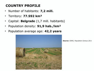 COUNTRY PROFILE
• Number of habitants: 7,2 mill.
• Territory: 77.592 km²
• Capital: Belgrade (1,7 mill. habitants)
• Population density: 91,9 hab./km²
• Population average age: 42,2 years
Source: SORS, Population Census 2011
 