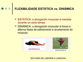 IES AGRA DE LEBORÍS-A LARACHA
FLEXIBILIDADE ESTÁTICA vs. DINÁMICA
 ESTÁTICA: a elongación muscular é mantida
durante un certo tempo
 DINÁMICA: a elongación muscular é breve e
alterna fases de estiramento e acurtamento do
músculo
 