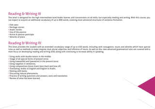Reading & Writing III
This level is designed for the high intermediate level Arabic learner, and concentrates on all skills, but especially reading and writing. With this course, you
can expect to acquire an additional vocabulary of up to 800 words, covering more advanced structures of sentence formation.
• Folk tales
• Heritage stories
• Arabic novels
• Use of the passive
• Active & passive participle
• Adverbs of place
Reading & Writing IV
This level provides the student with an extended vocabulary range of up to 650 words, including verb conjugation, nouns and adverbs which have special
rules as well as methods to make singular, dual, plural, adjective, and inﬁnitive of nouns. As well as this, new advanced grammatical rules are covered with a
main focus on developing reading and writing skills along with continuing to increase ability in speaking.
• Using verbs with double letters in the middle.
• Usage of all special forms of present tense
• Using (nawaaSib) and (jawaazim) in the present tense
• Using negation in sentences.
• Using comparatives (more than), (less than) and (one of).
• Translating: Arabic to English and English to Arabic.
• Dealing with banks
• Discussing natural phenomena.
• Practice of writing questions and answers, texts and translation.
• Review of what has been learned.
 