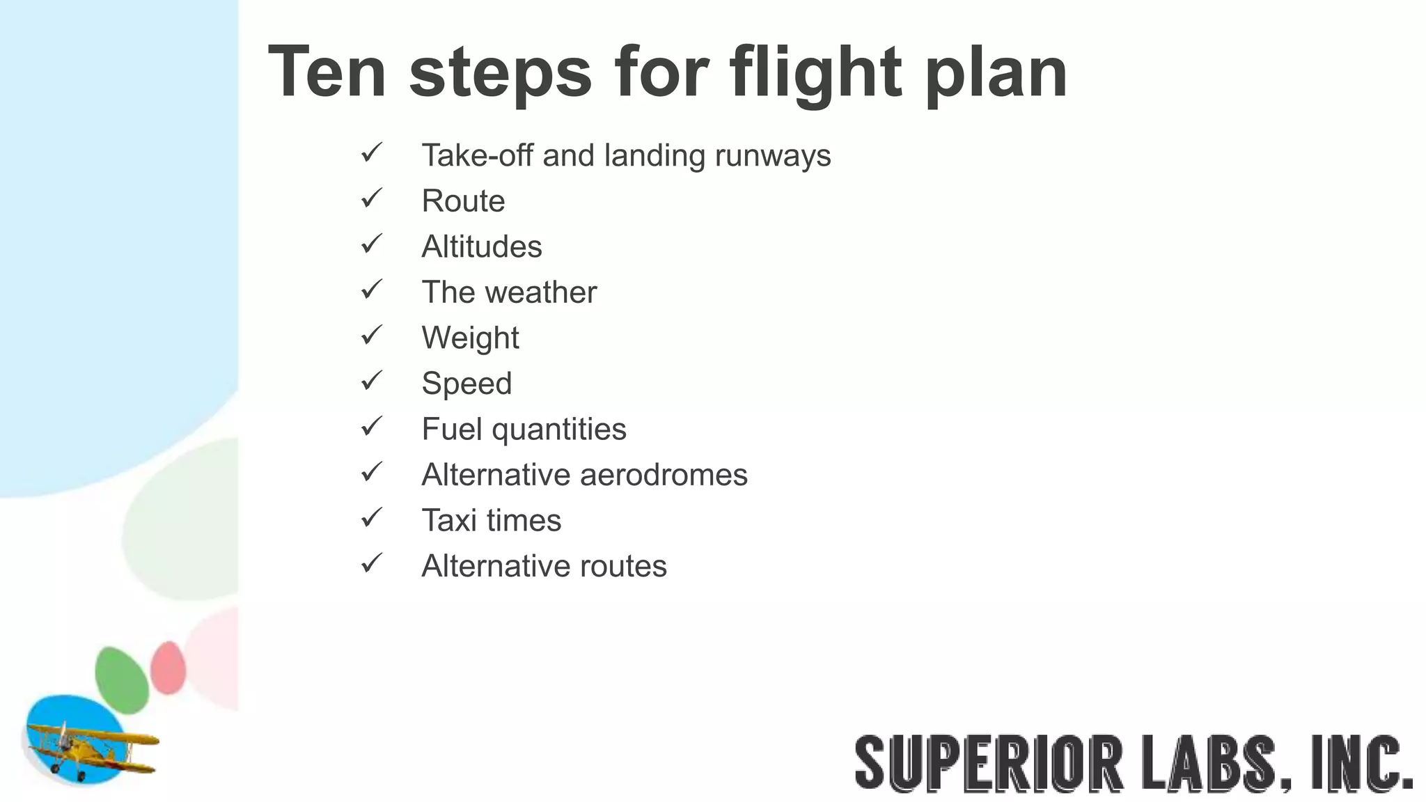 Ten steps for flight plan
 Take-off and landing runways
 Route
 Altitudes
 The weather
 Weight
 Speed
 Fuel quantities
 Alternative aerodromes
 Taxi times
 Alternative routes
 