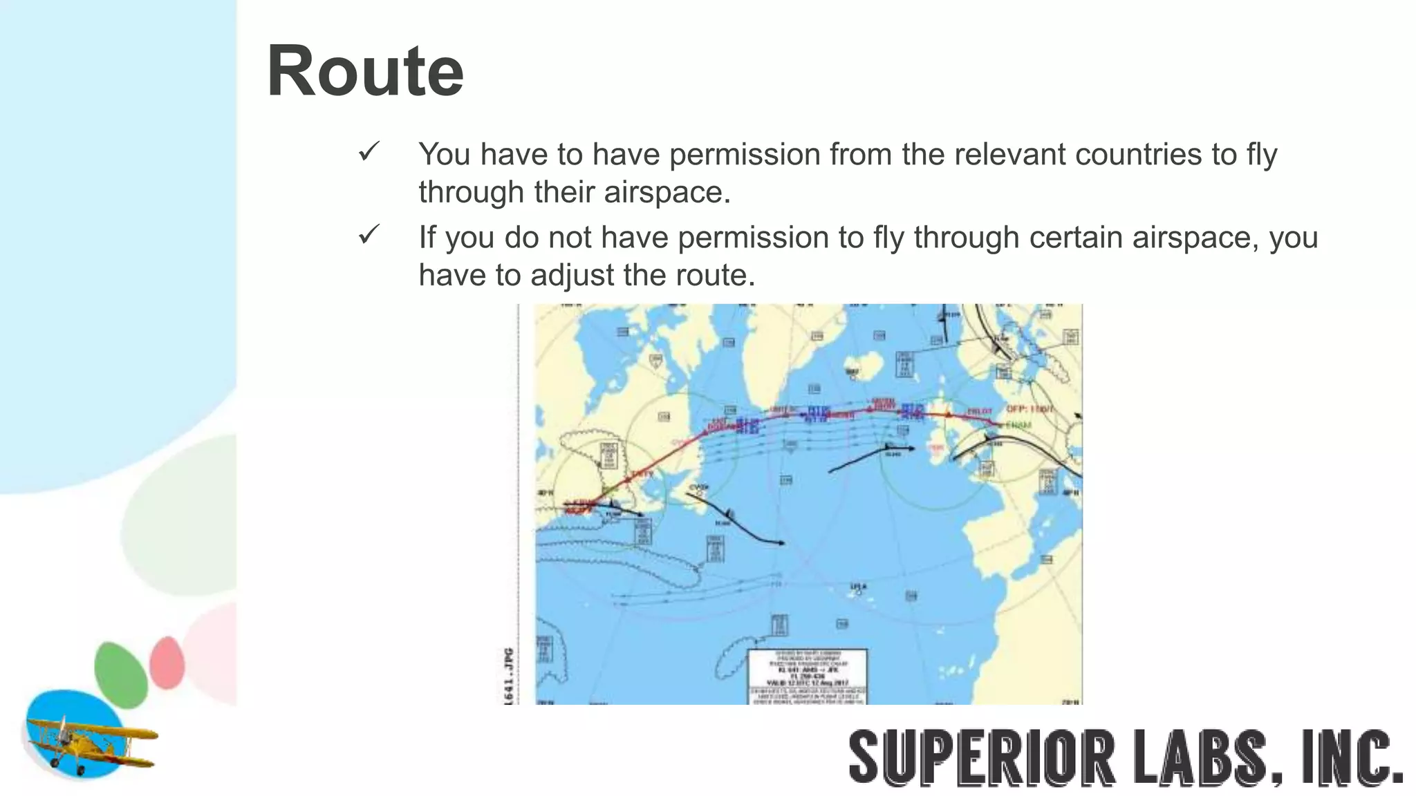 Route
 You have to have permission from the relevant countries to fly
through their airspace.
 If you do not have permission to fly through certain airspace, you
have to adjust the route.
 