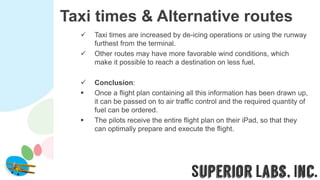 Taxi times & Alternative routes
 Taxi times are increased by de-icing operations or using the runway
furthest from the terminal.
 Other routes may have more favorable wind conditions, which
make it possible to reach a destination on less fuel.
 Conclusion:
 Once a flight plan containing all this information has been drawn up,
it can be passed on to air traffic control and the required quantity of
fuel can be ordered.
 The pilots receive the entire flight plan on their iPad, so that they
can optimally prepare and execute the flight.
 
