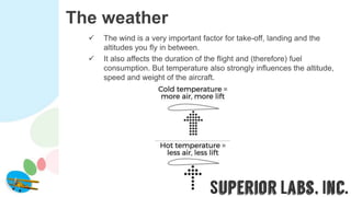 The weather
 The wind is a very important factor for take-off, landing and the
altitudes you fly in between.
 It also affects the duration of the flight and (therefore) fuel
consumption. But temperature also strongly influences the altitude,
speed and weight of the aircraft.
 