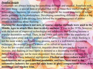 Detailed Insight
Consumers are always looking for something different and unusual. Suppliers seek
the same thing - a special item or product that will increase their market share or
generate new business. An example of this might be the recent popularity of mixed
media garments in the marketplace. Developing something different is always a top
priority, then, and is the driving force behind the recent resurgence of printer
interest in learning about flocking.
Flocking for decoration is not new, of course; similar methods were used in the
Middle Ages to attach fibre dust to sticky surfaces. It was in the 1970s, however,
with the advent of improved technologies and adhesives, that flocking became a
popular decoration method. Then, in the 1980s and early 1990s the popularity of
flocking faded away and few printers used the process. Even so, while flocking is
not the most widely used decorating process, nor is it a well known decorating
technique, the average person is aware of its velvet or suede feel.
Over the last several years, however, inquiries about the process have begun to
increase, and flocking is once again in demand as a decorating method. Even
though flocking may not be most decorators' first choice process at present, it is
used widely in many industrial applications. Flocked surfaces reduce water
condensation, act as good thermal insulators, and have been used in the
automotive industry for years for such items as glove compartment boxes, door
mouldings and window trim.
 