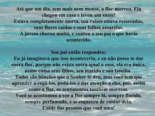 Até que um dia, sem mais nem menos, a flor morreu. Ela
chegou em casa e levou um susto!
Estava completamente morta, sua raízes estava ressecadas,
suas flores caídas e suas folhas amarelas.
A jovem chorou muito, e contou a seu pai o que havia
acontecido.
Seu pai então respondeu:
Eu já imaginava que isso aconteceria, e eu não posso te dar
outra flor, porque não existe outra igual a essa, ela era única,
assim como seus filhos, seu marido e sua família.
Todos são bênçãos que o Senhor te deu, mas você tem que
aprender a regá-los, podá-los e dar atenção a eles, pois assim
como a flor, os sentimentos também morrem.
Você se acostumou a ver a flor sempre lá, sempre florida,
sempre perfumada, e se esqueceu de cuidar dela.
Cuide das pessoas que você ama!

 