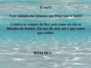 E você?
Tem cuidado das bênçãos que Deus tem te dado?
Lembre-se sempre da flor, pois como ela são as
Bênçãos do Senhor, Ele nos dá, mas nós é que temos
que cuidar.

BOM DIA

 